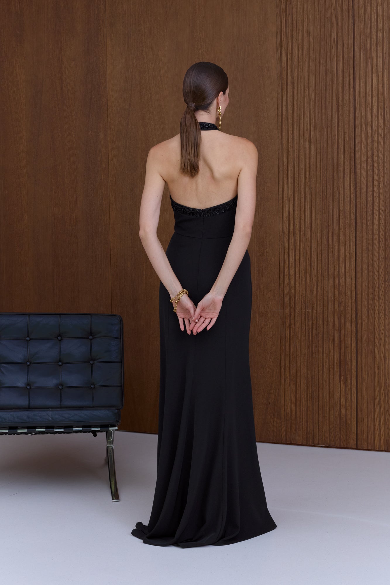 GISEL Black Halter Neck Long Evening Dress