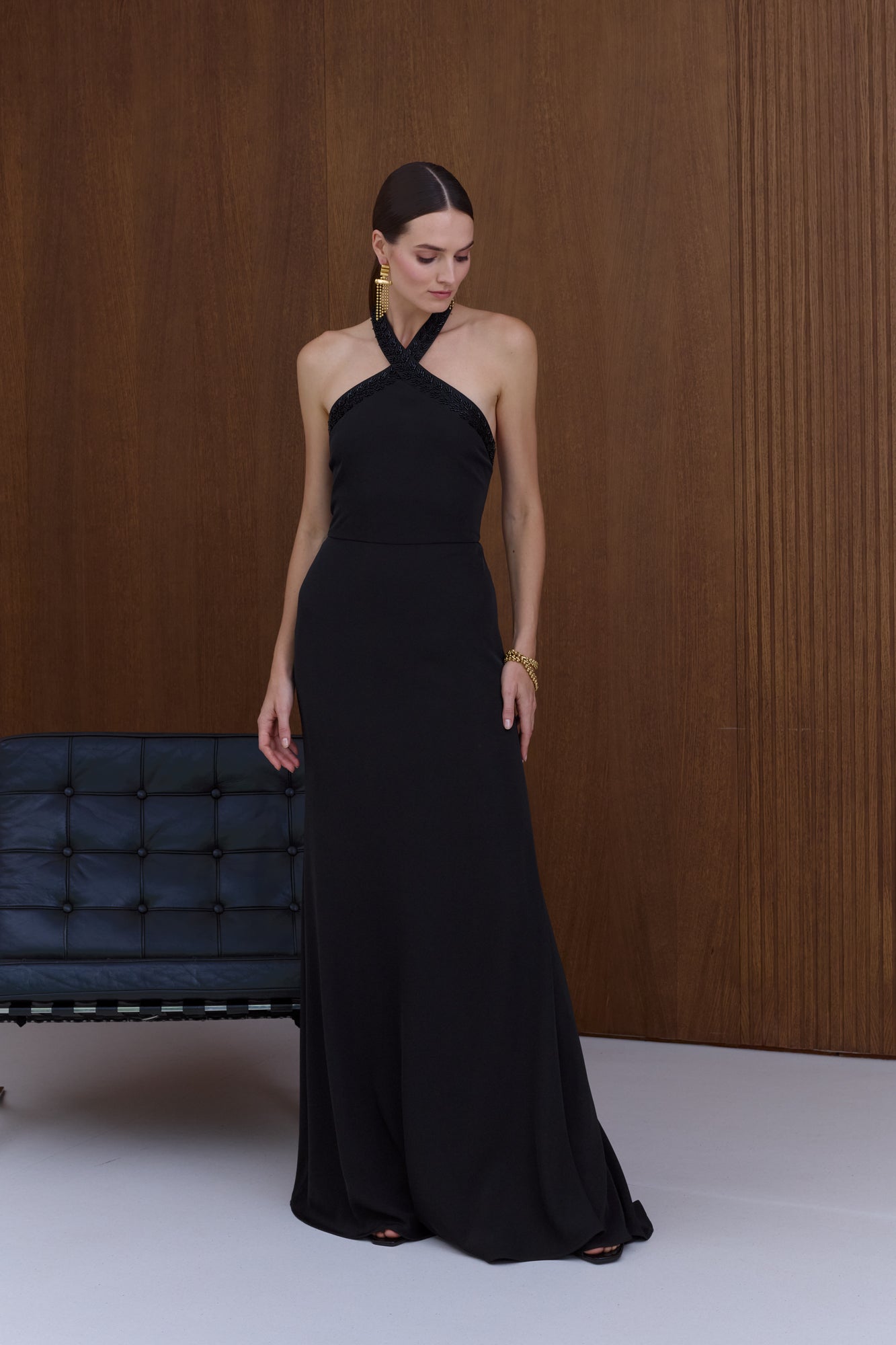 GISEL Black Halter Neck Long Evening Dress