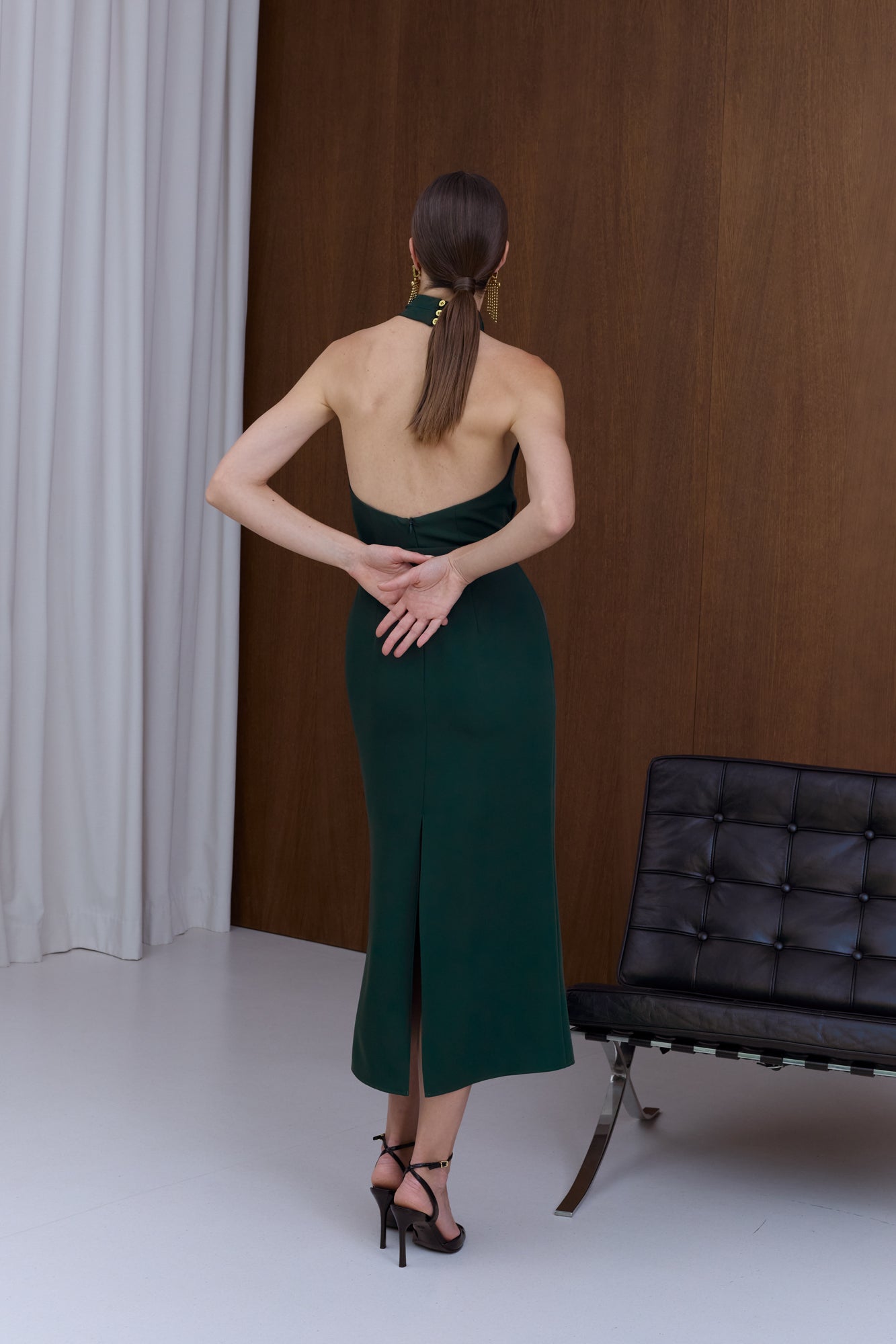 CELIA Green X Neck Midi Party Dress