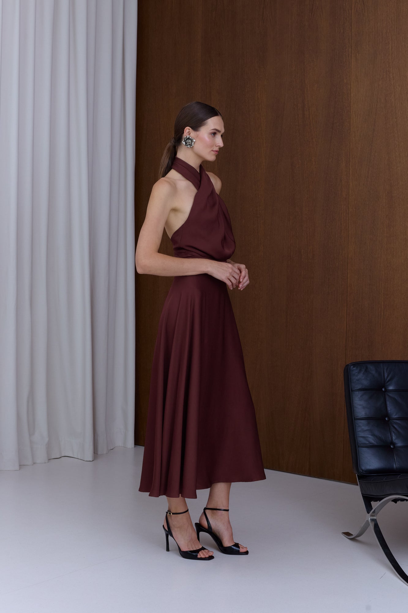 HEIDI Burgundy X Neck Midi Party Dress