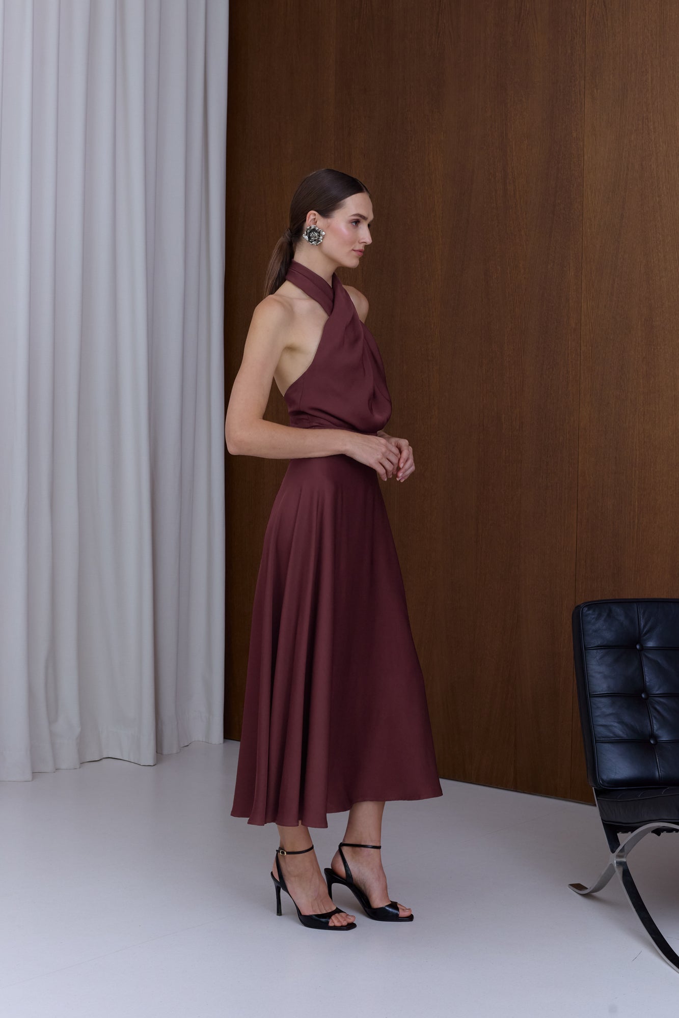 HEIDI Burgundy X Neck Midi Party Dress