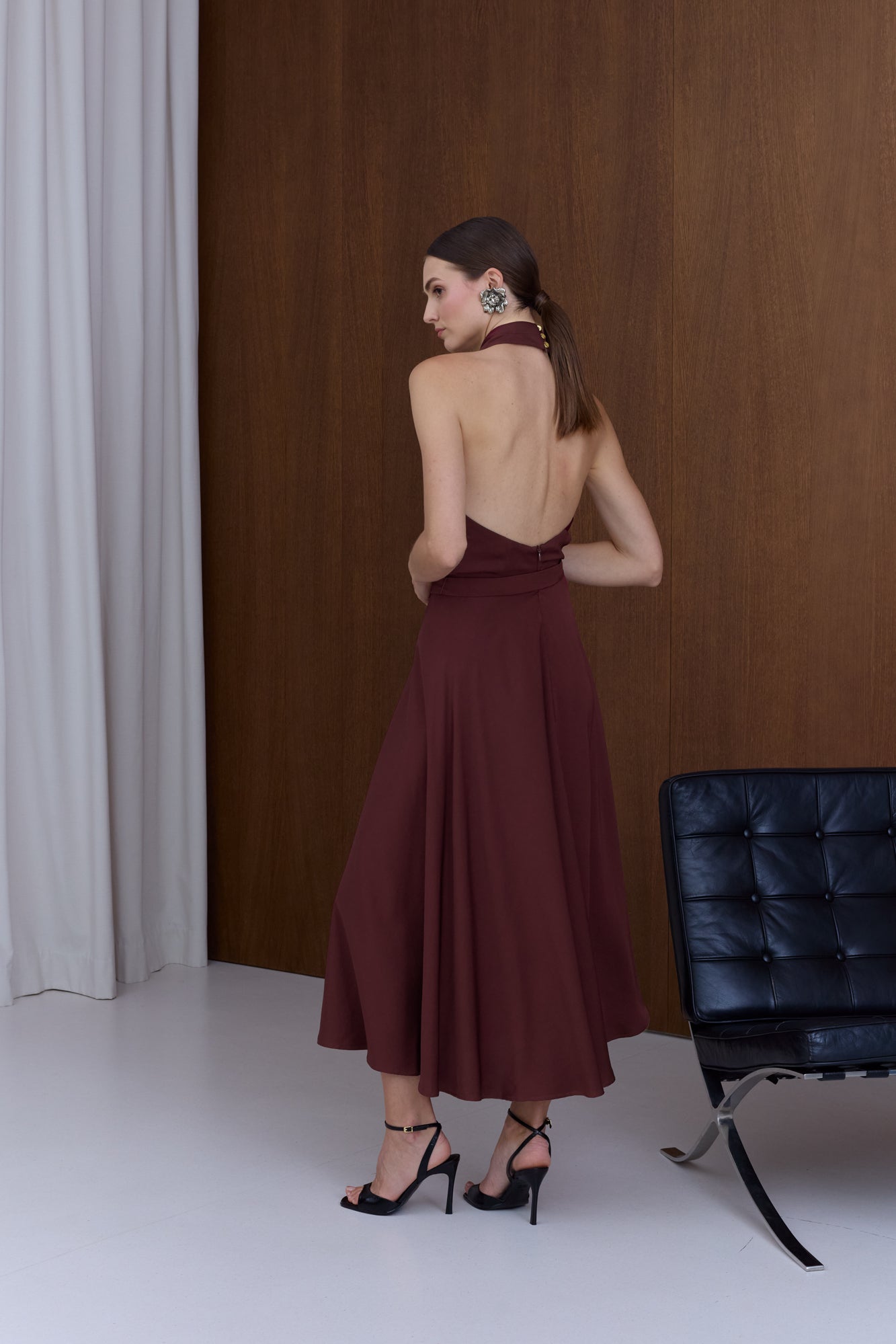 HEIDI Burgundy X Neck Midi Party Dress