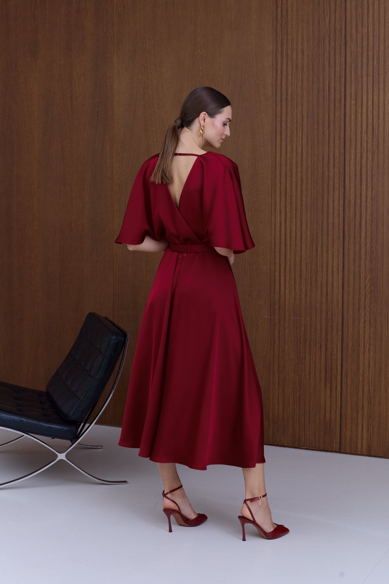 SONYA Red Midi Cocktail Dress with Butterfly Sleeves