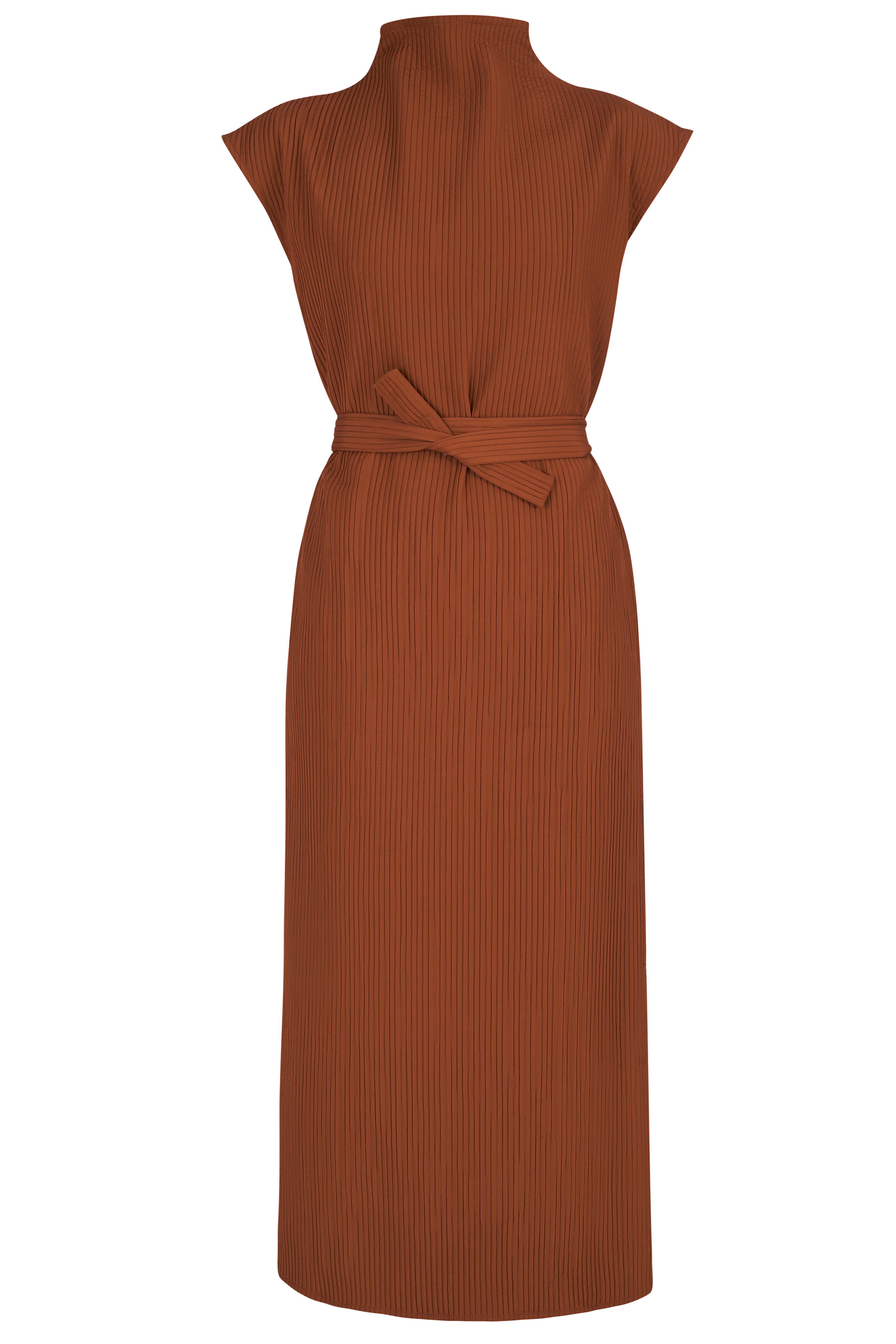 JUNO Brown Midi Dress with High Collar