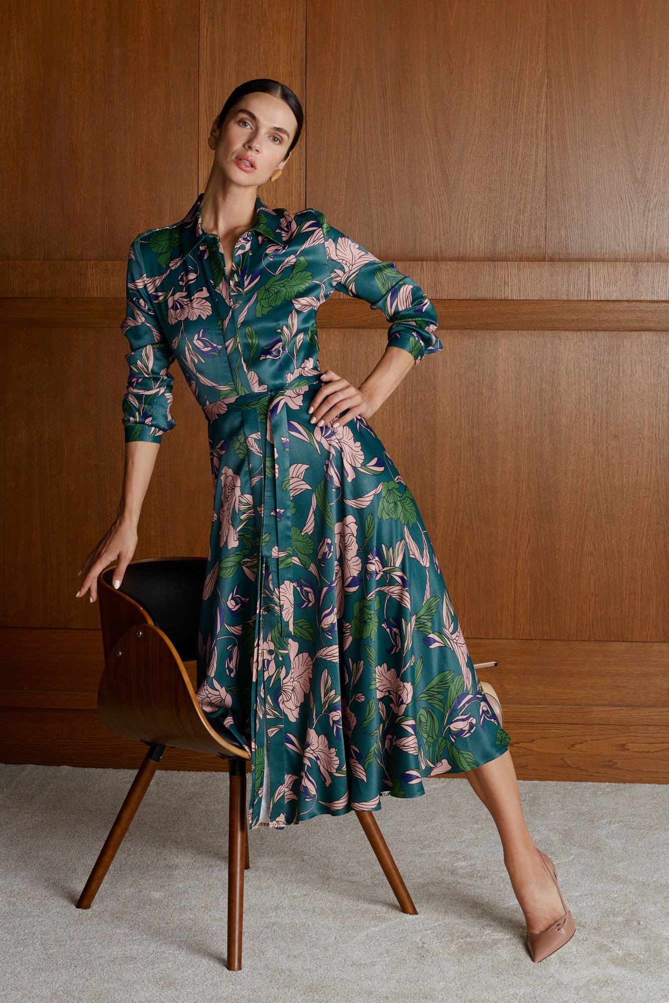 Floral printed green pink midi shirtdress