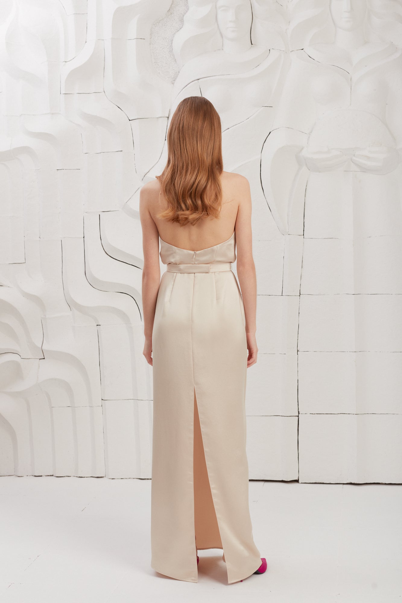 Champagne satin open back maxi dress