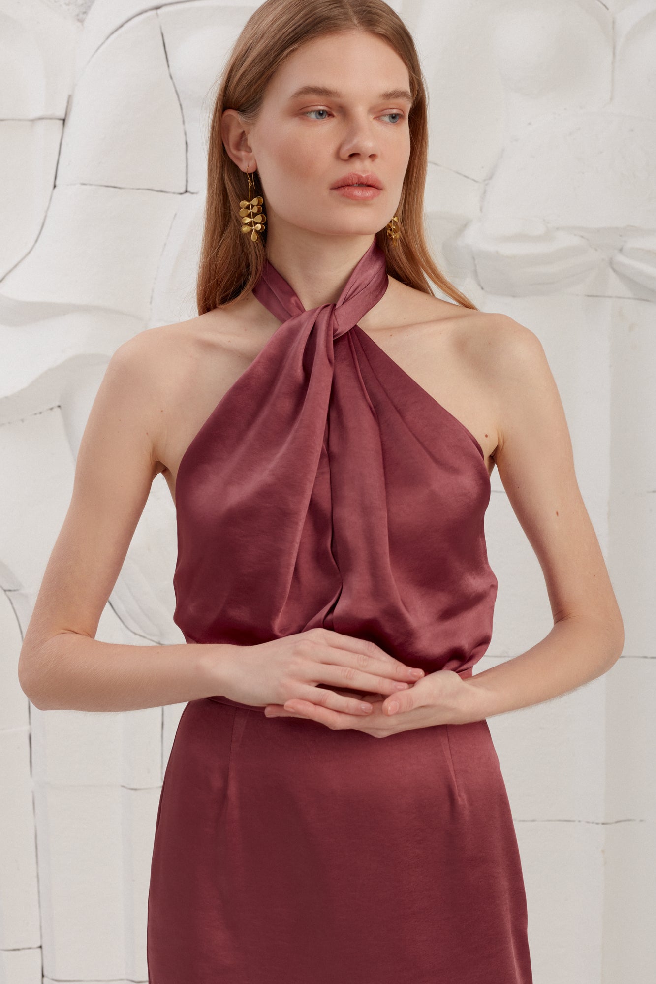 ELONA X Neckline Fire Brick Satin Evening Maxi Dress