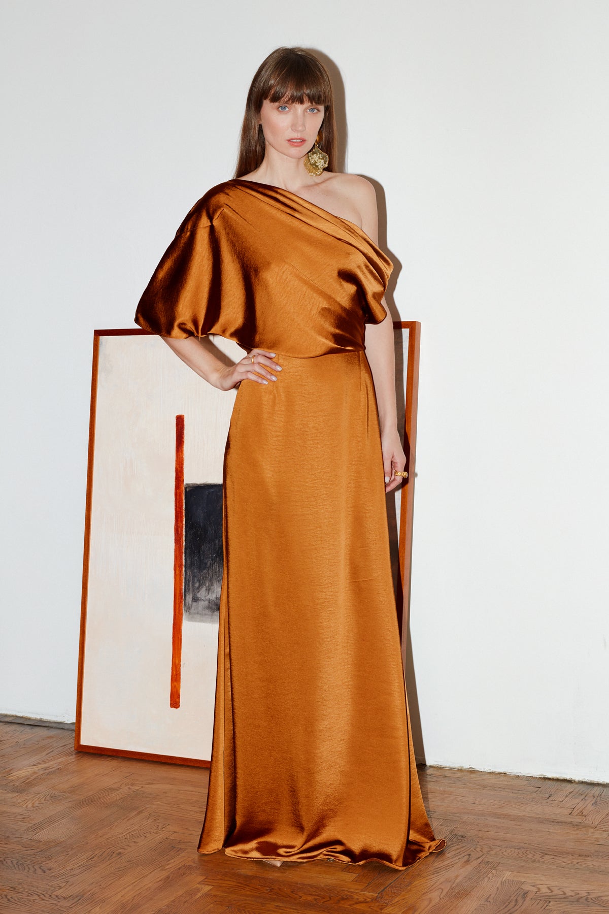 Helen Tawny Brown Satin Asymmetric Maxi Evening Dress