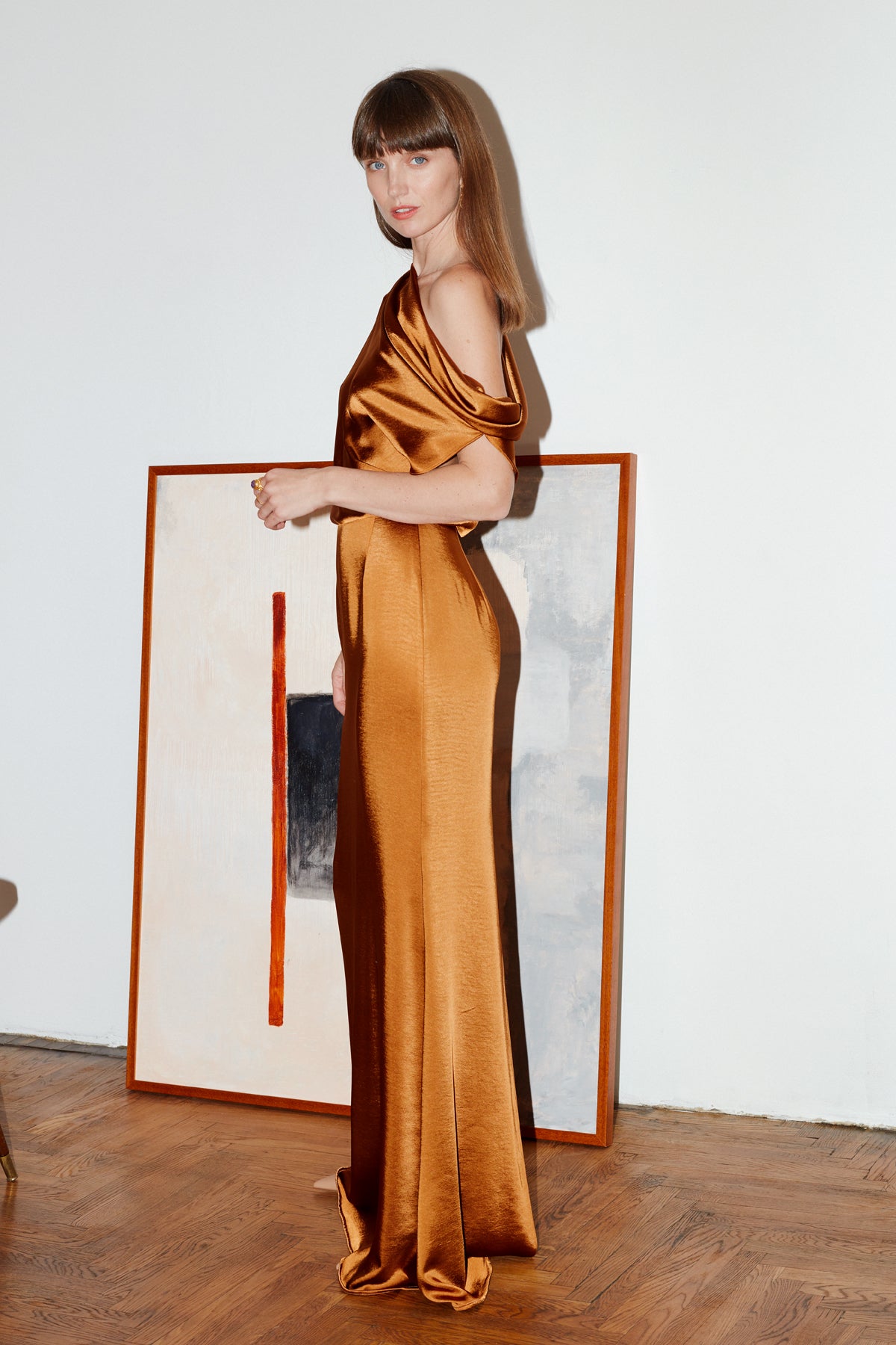 Helen Tawny Brown Satin Asymmetric Maxi Evening Dress