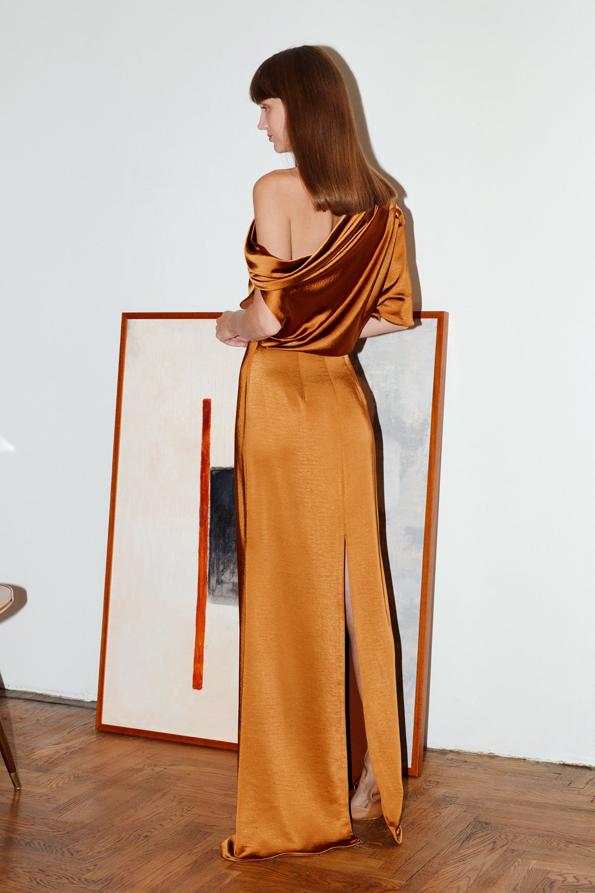 Helen Tawny Brown Satin Asymmetric Maxi Evening Dress