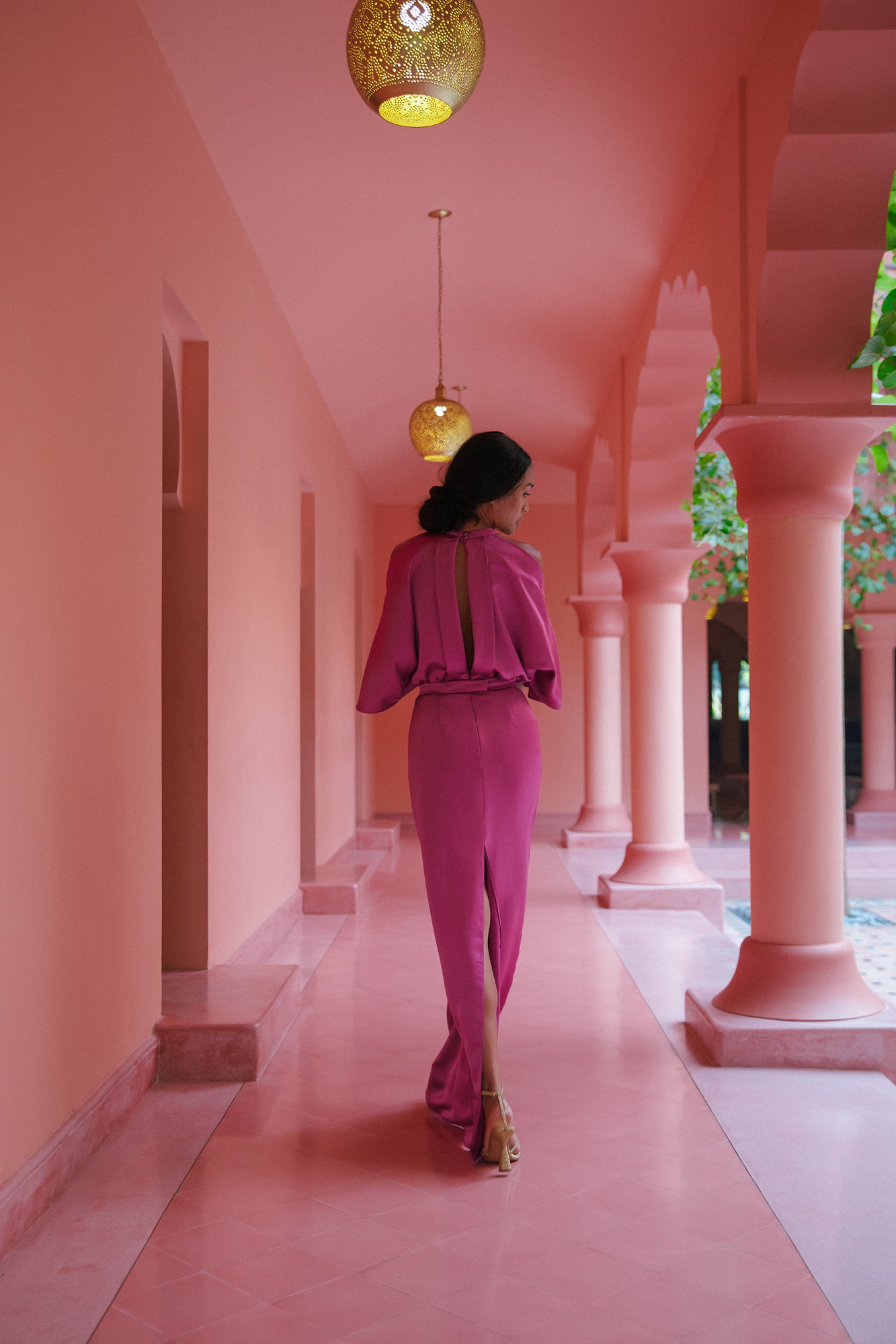 Fuchsia pink butterfly sleeve long eveningdress