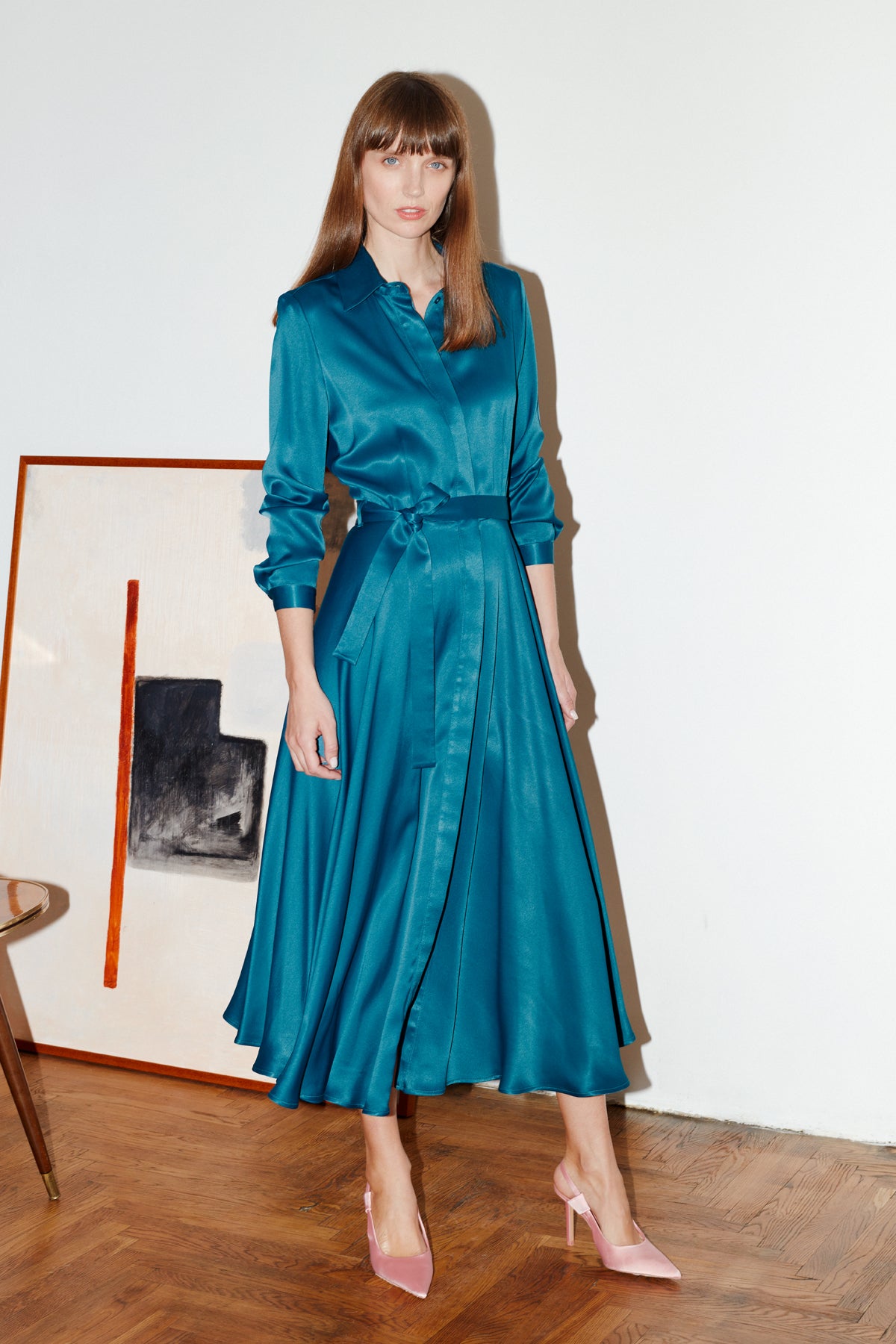 NOELA Teal Blue Midi Shirt Dress With Circle Skirt