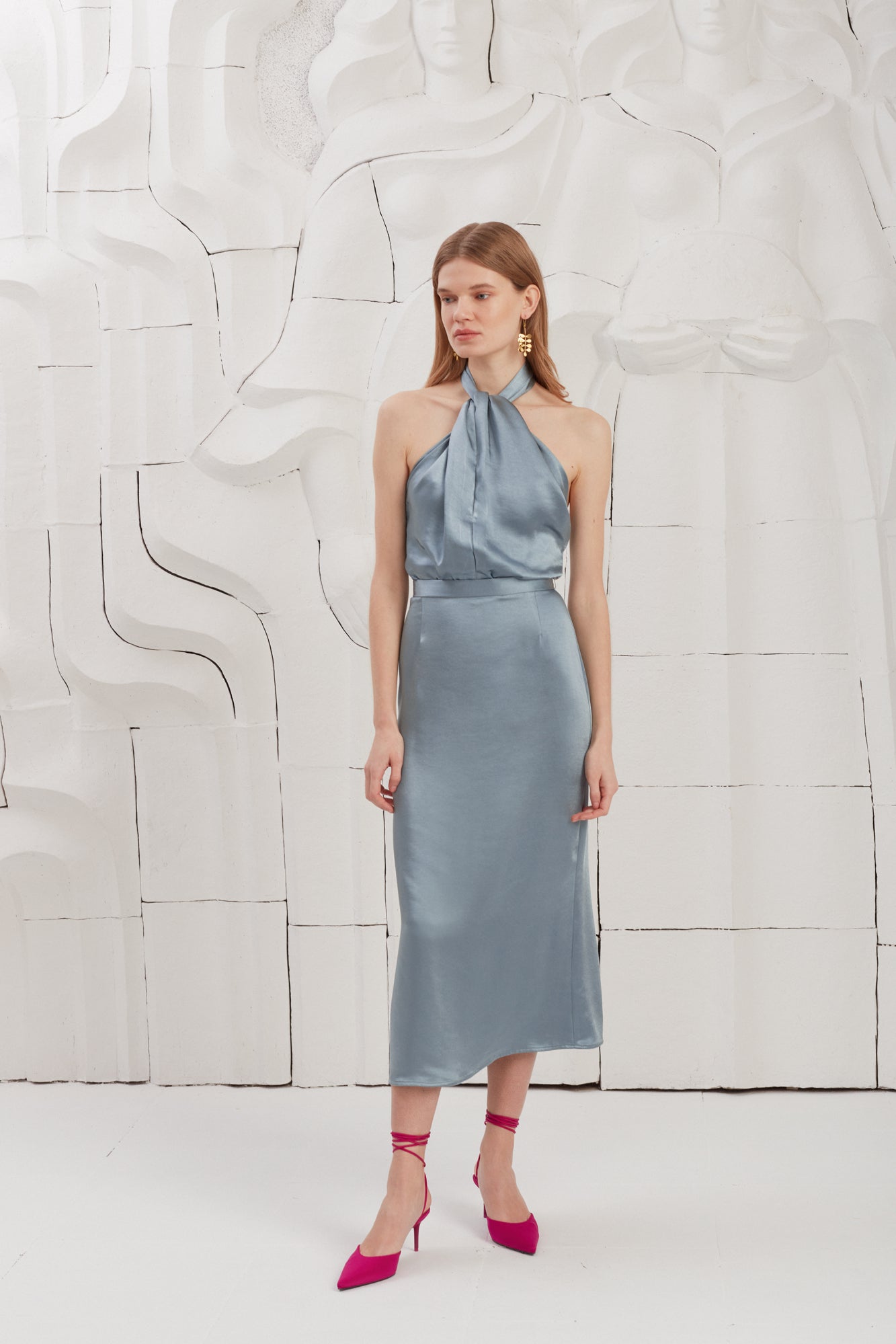 X Iškirptė Akmens mėlyna satino suknelė PAULA