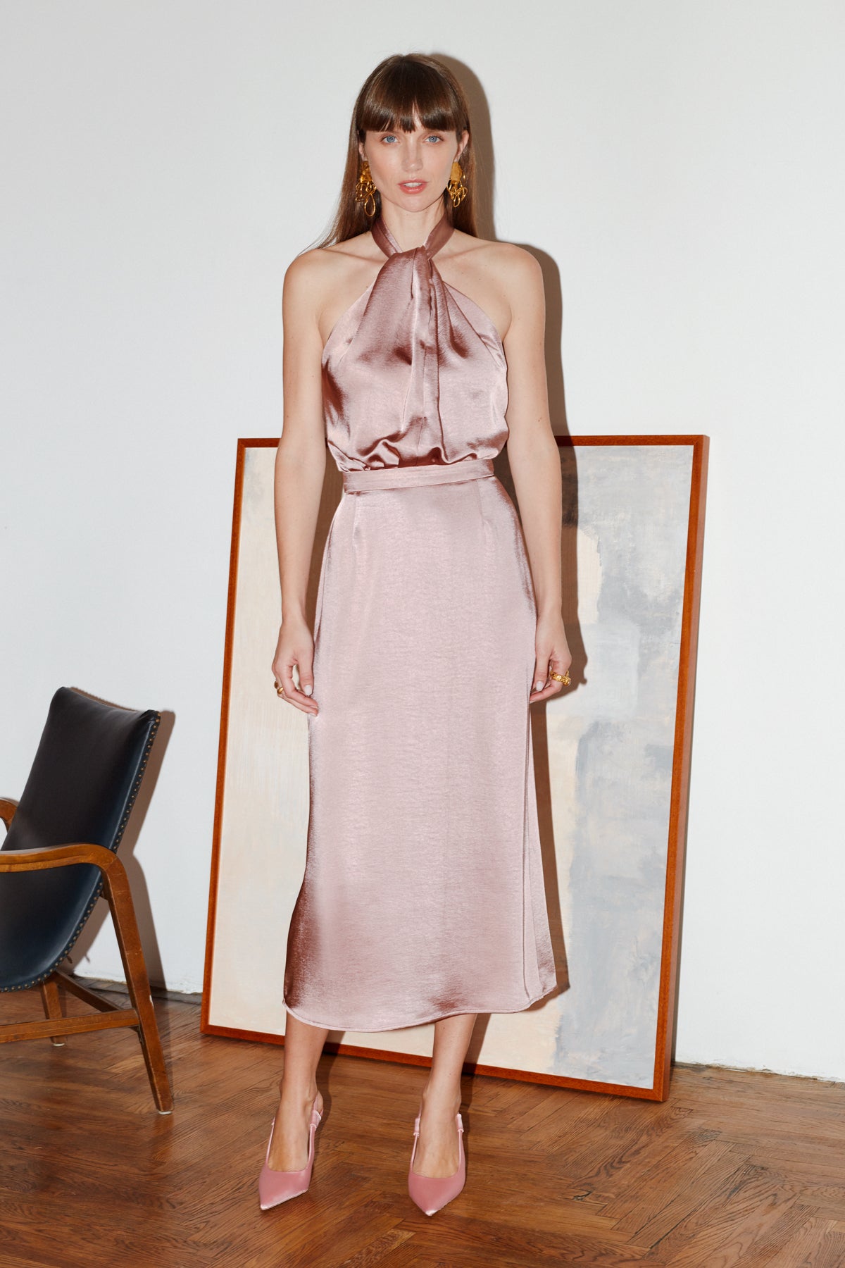 Elegant Mauve satin evening midi dress