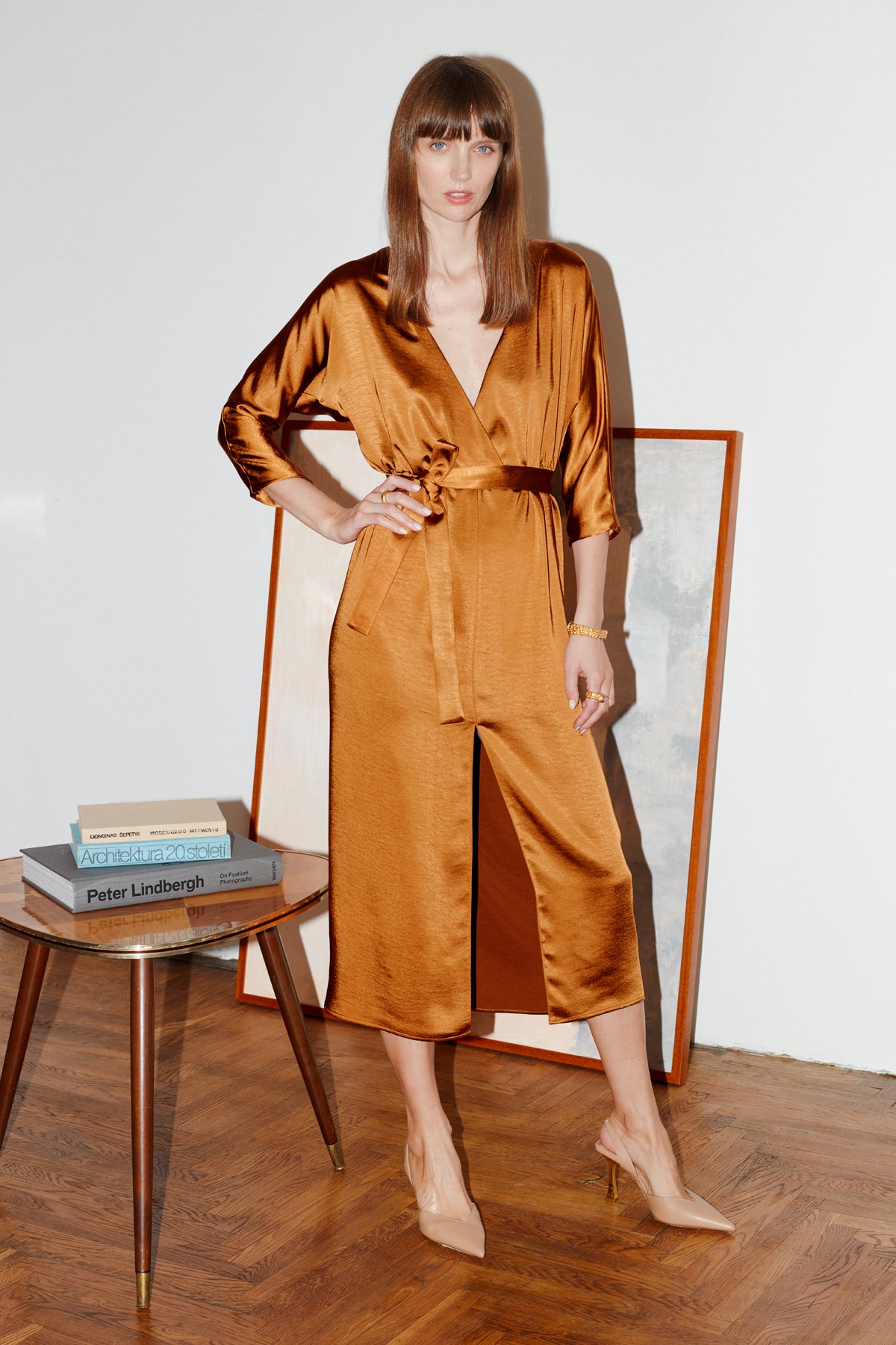 SIRA Tawny Brown Satin Kimono Sleeve Midi Dress