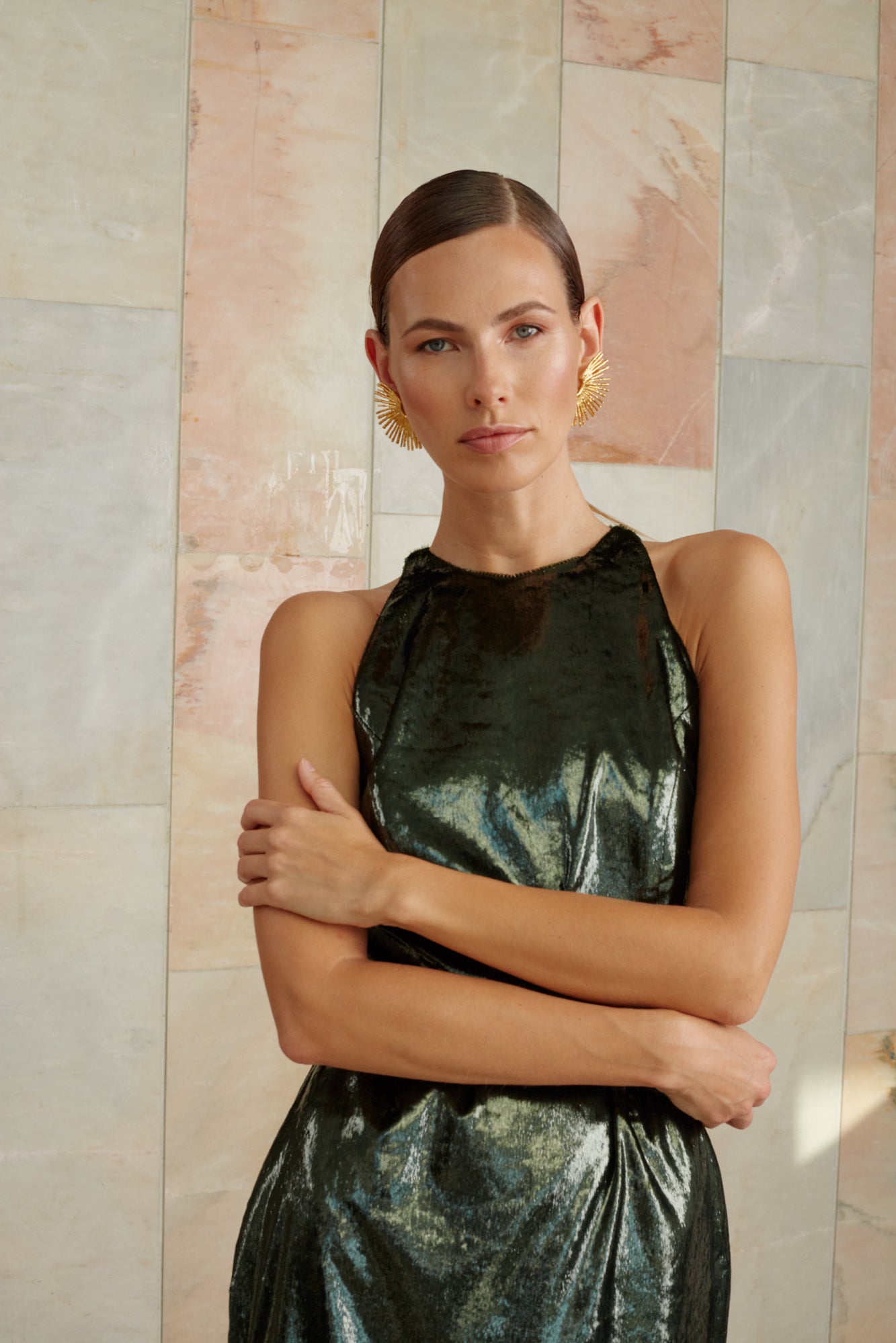Green side cut out dress