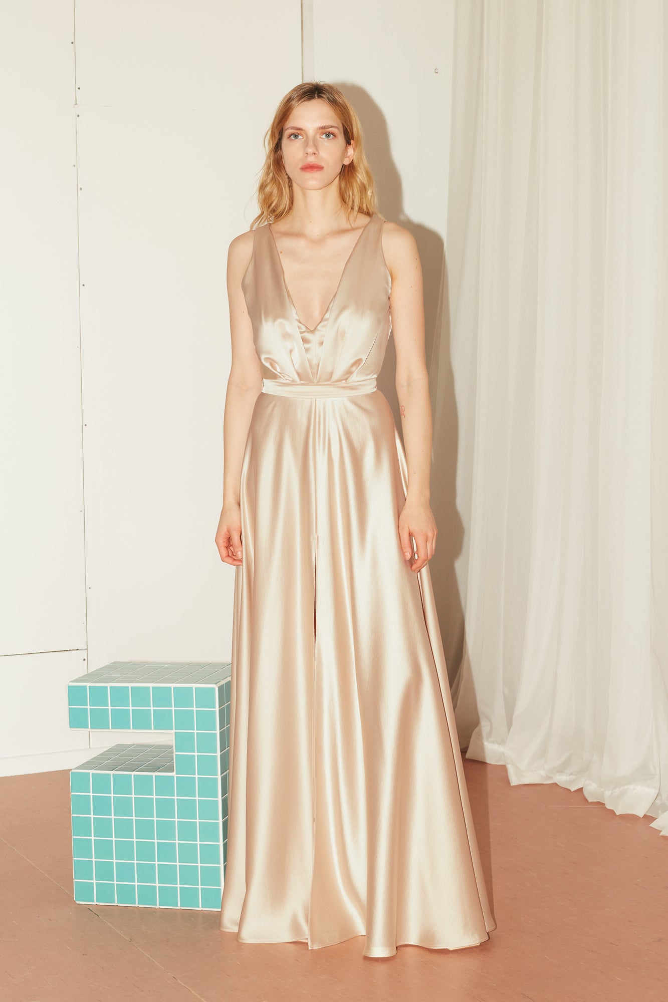 slim fit dress slacks Elegant Spaghetti Strap Gold Satin Bridesmaid Dress – FancyVestido main image 1