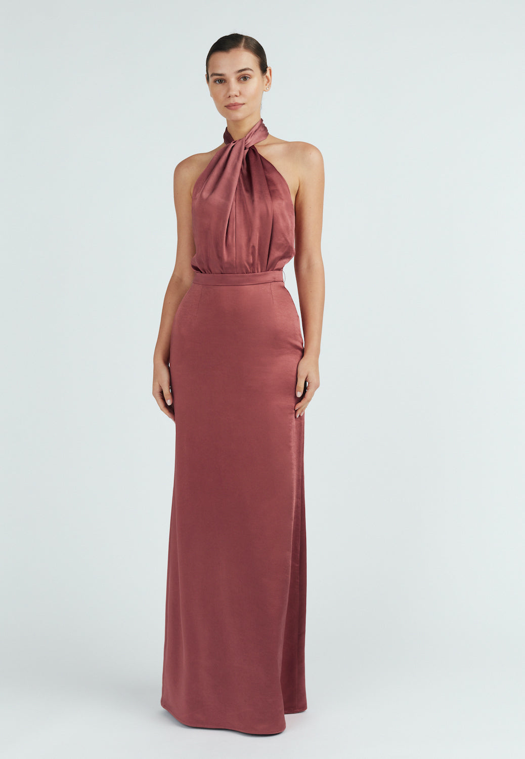 X neckline satin brick red maxi dress