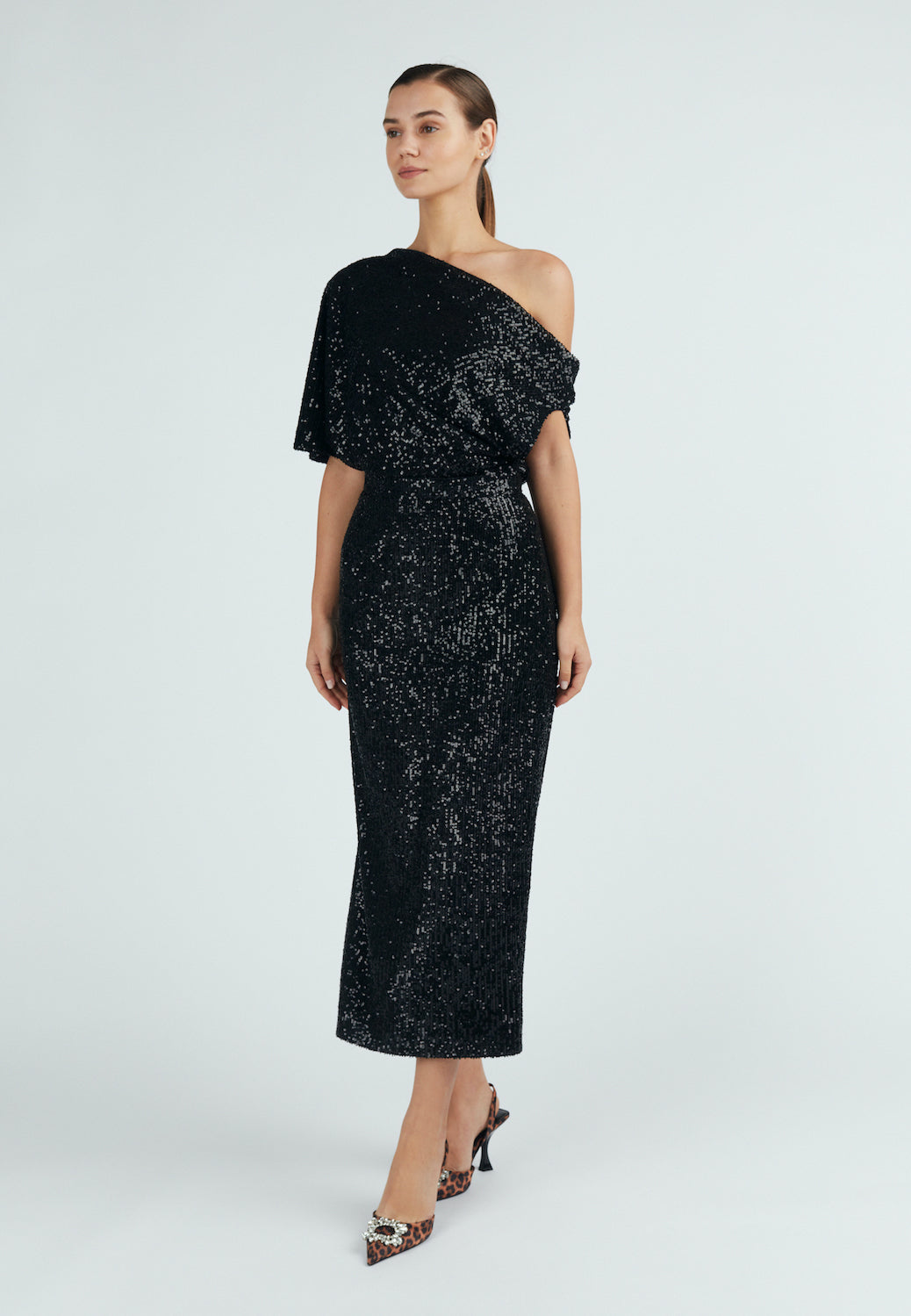 Black sequin asymmetric evening midi dress
