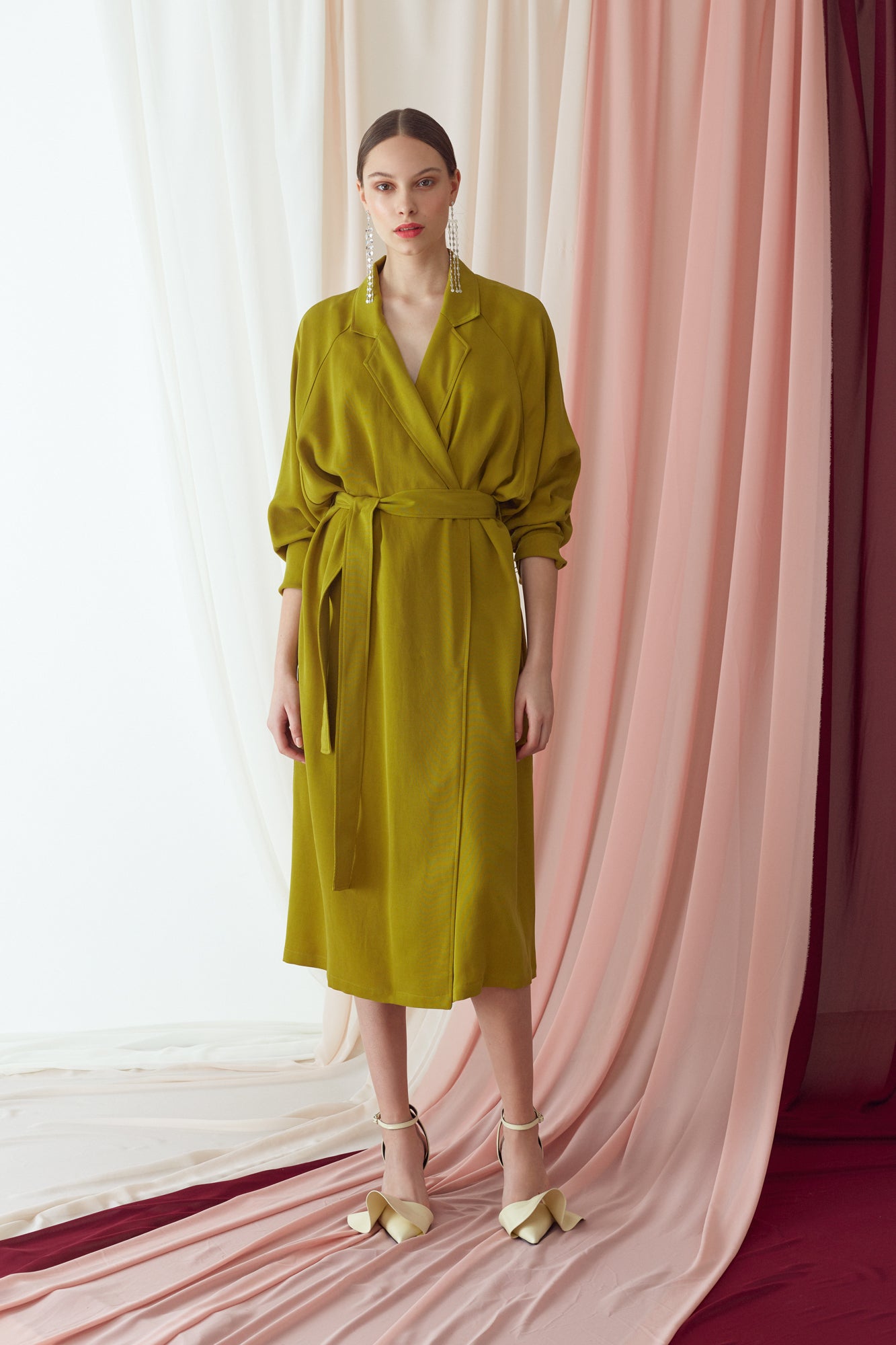 KALINDA Olive Green Midi Blazer Dress With Raglan Sleeves