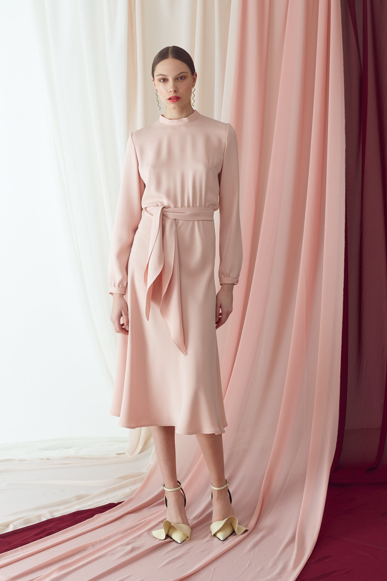 LUCINDA Pastel Pink Open Back Flared Midi Dress