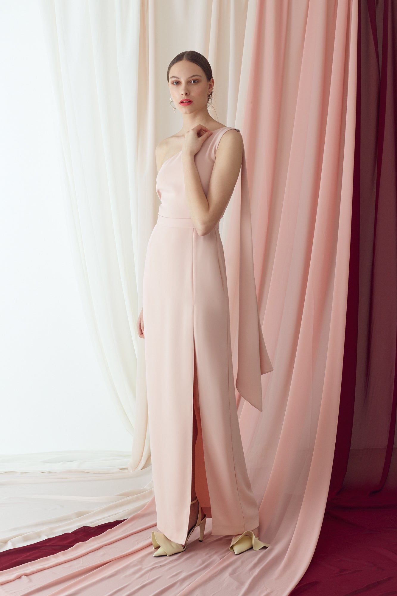 strapless open back dress TOSKA Pastel Pink One Shoulder Maxi Dress With Front Split