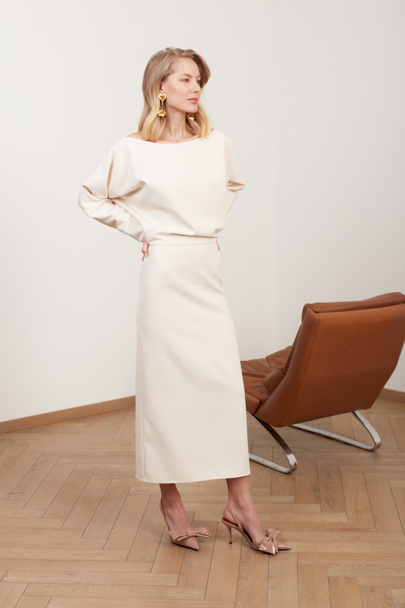 AGALIA cream off-the-shoulder midi dress