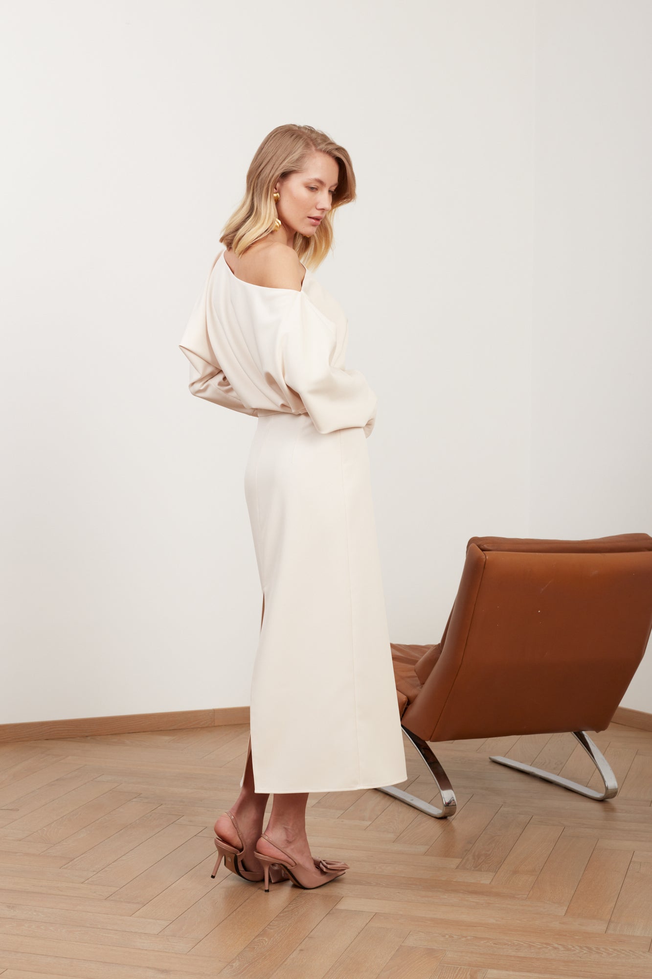 AGALIA cream off-the-shoulder midi dress