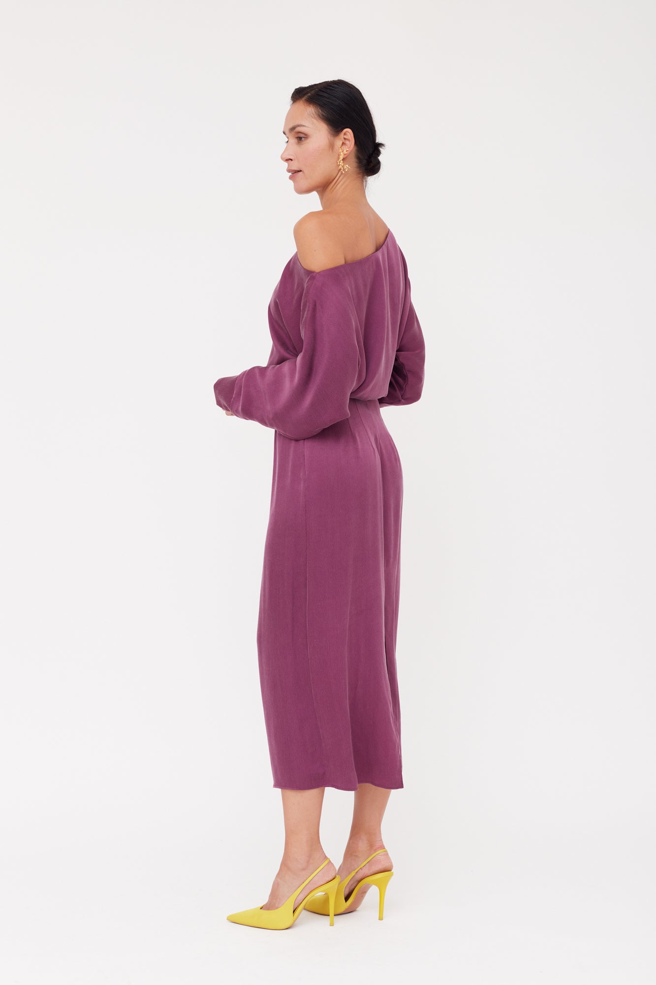 AGALIA purple work to evening off-the-shoulder cupro dress