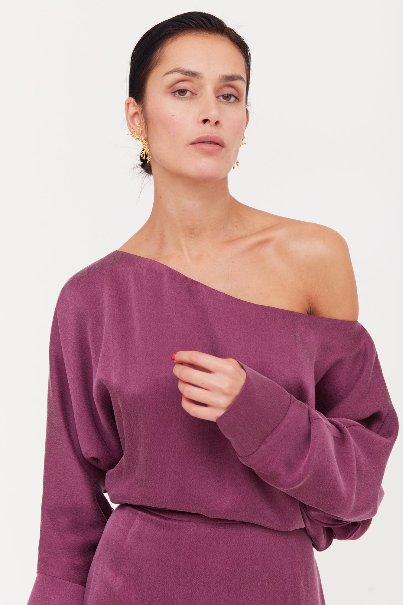 AGALIA purple work to evening off-the-shoulder cupro dress