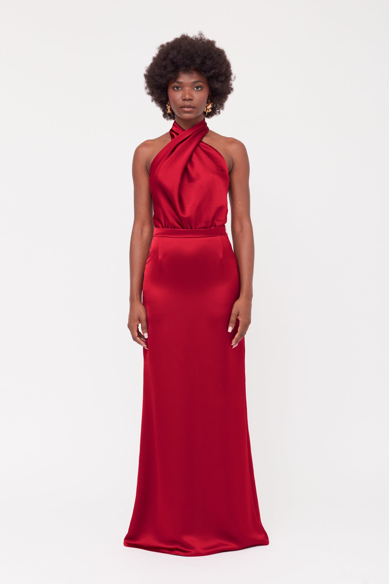 ALIUR Deep Red Maxi Evening Dress With X Neck
