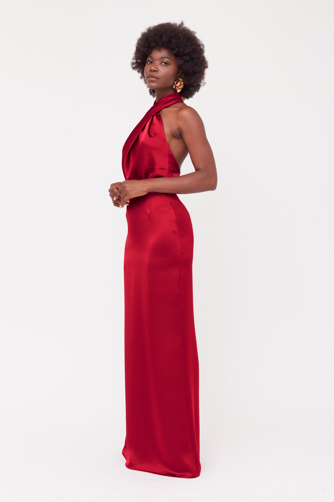 ALIUR Deep Red Maxi Evening Dress With X Neck