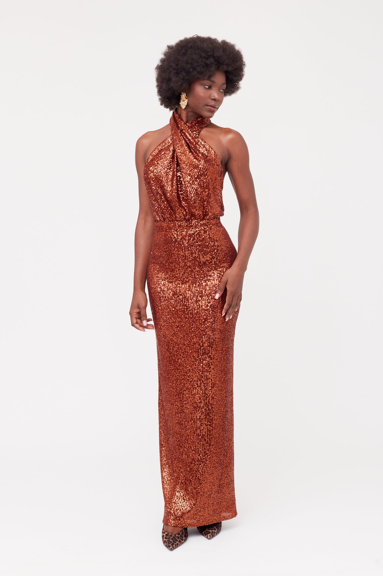 Bronze Dress Bronze Sequin Dress Evening Gown Straight Skirt X Neck Open Back ALTA front