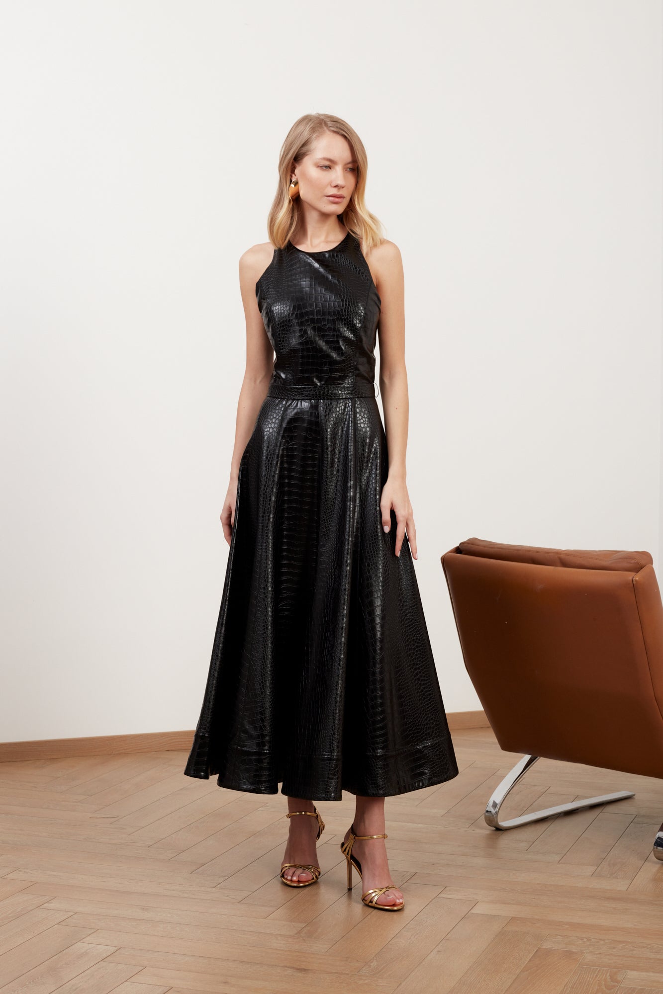 AVALON black textured vegan leather cocktail dress