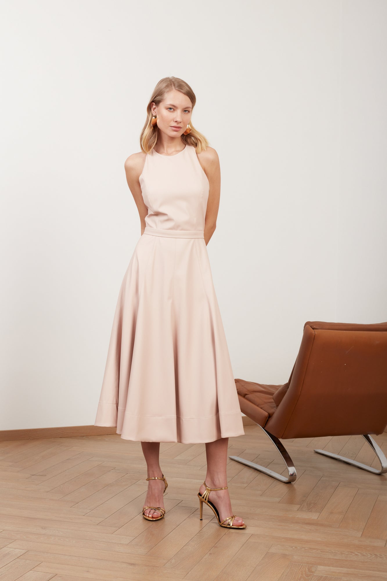 AVALON pastel pink vegan leather midi dress