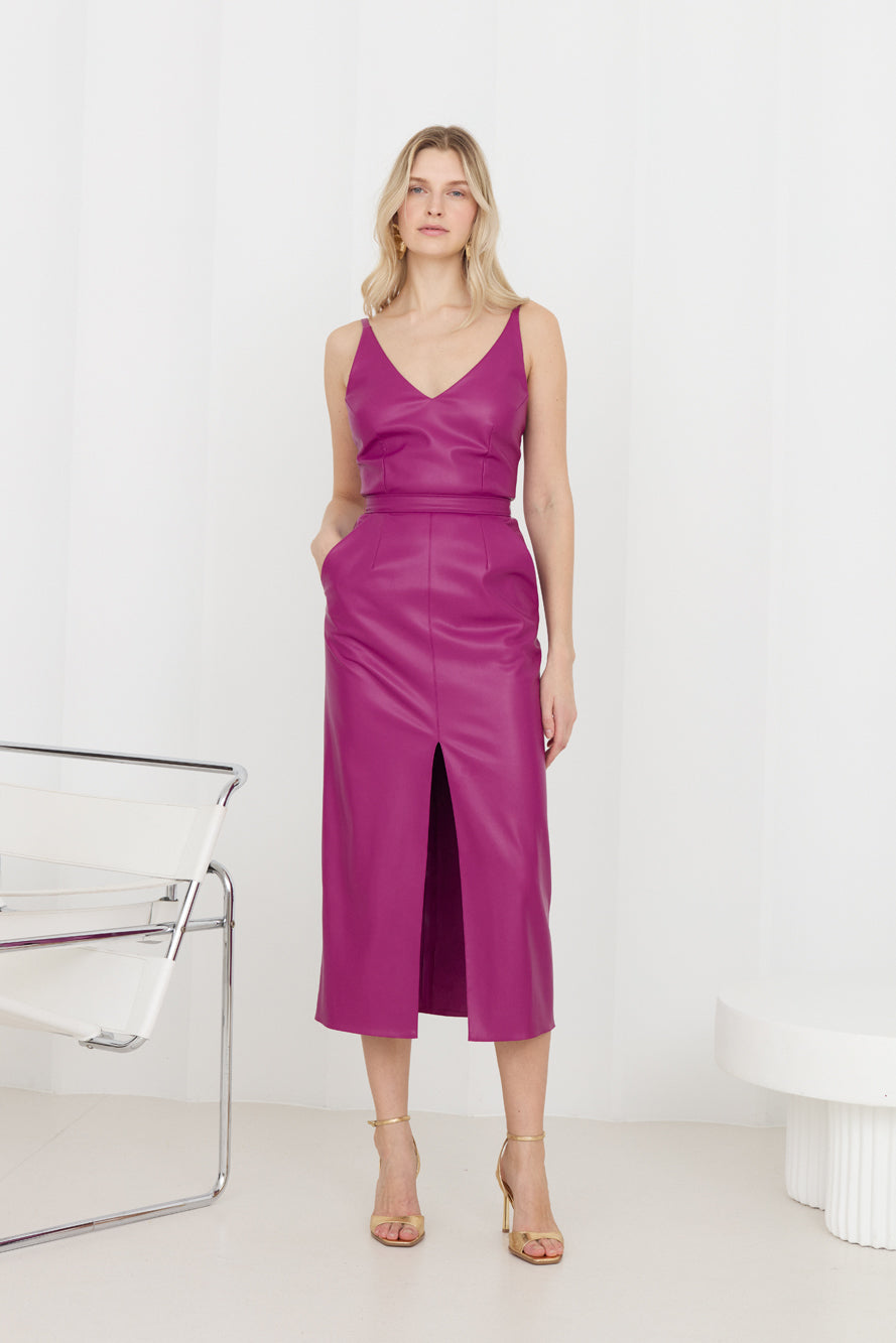 CALISTA Magenta Vegan Leather Midi Dress With Pencil Skirt