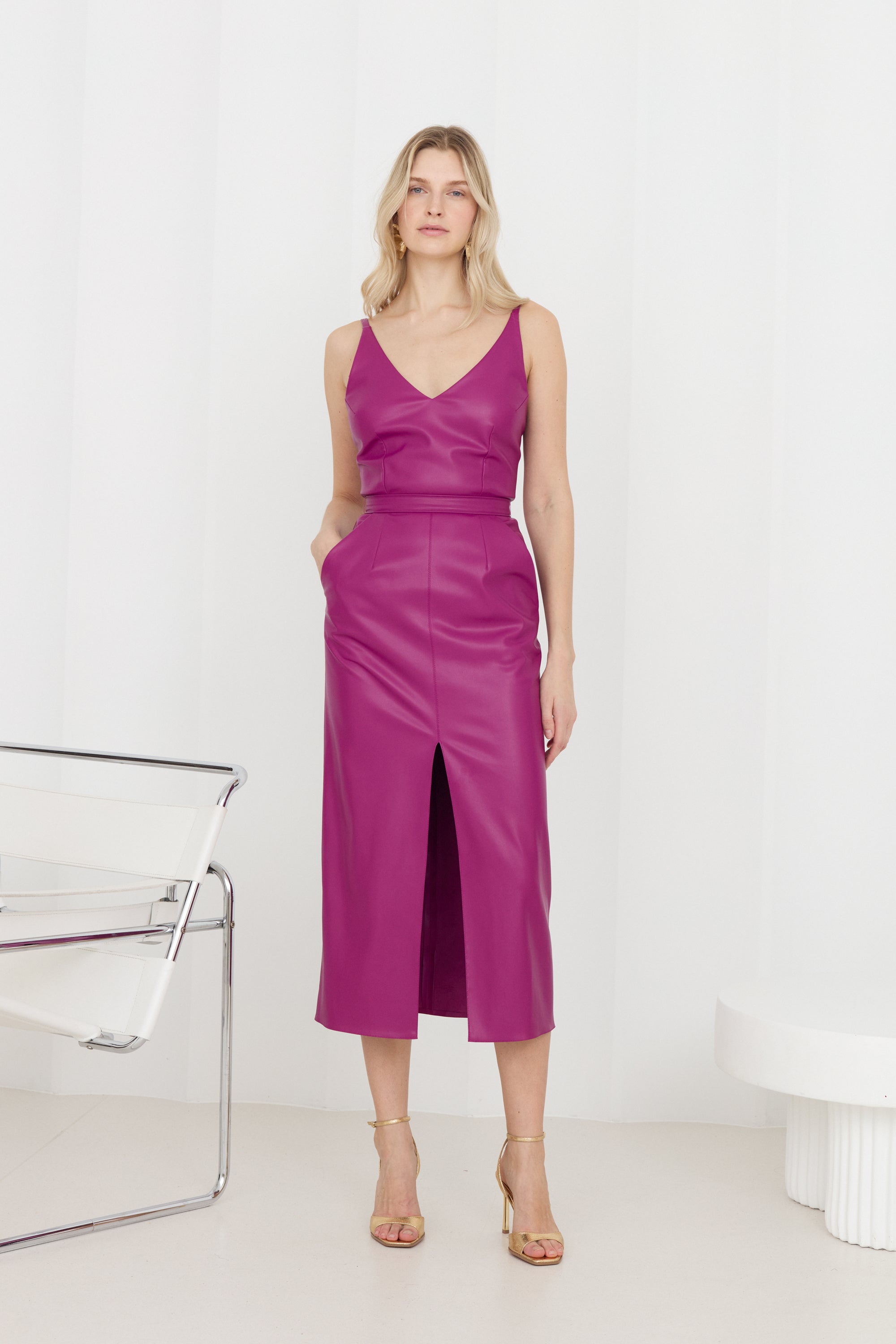 CALISTA Magenta Vegan Leather Midi Dress With Pencil Skirt