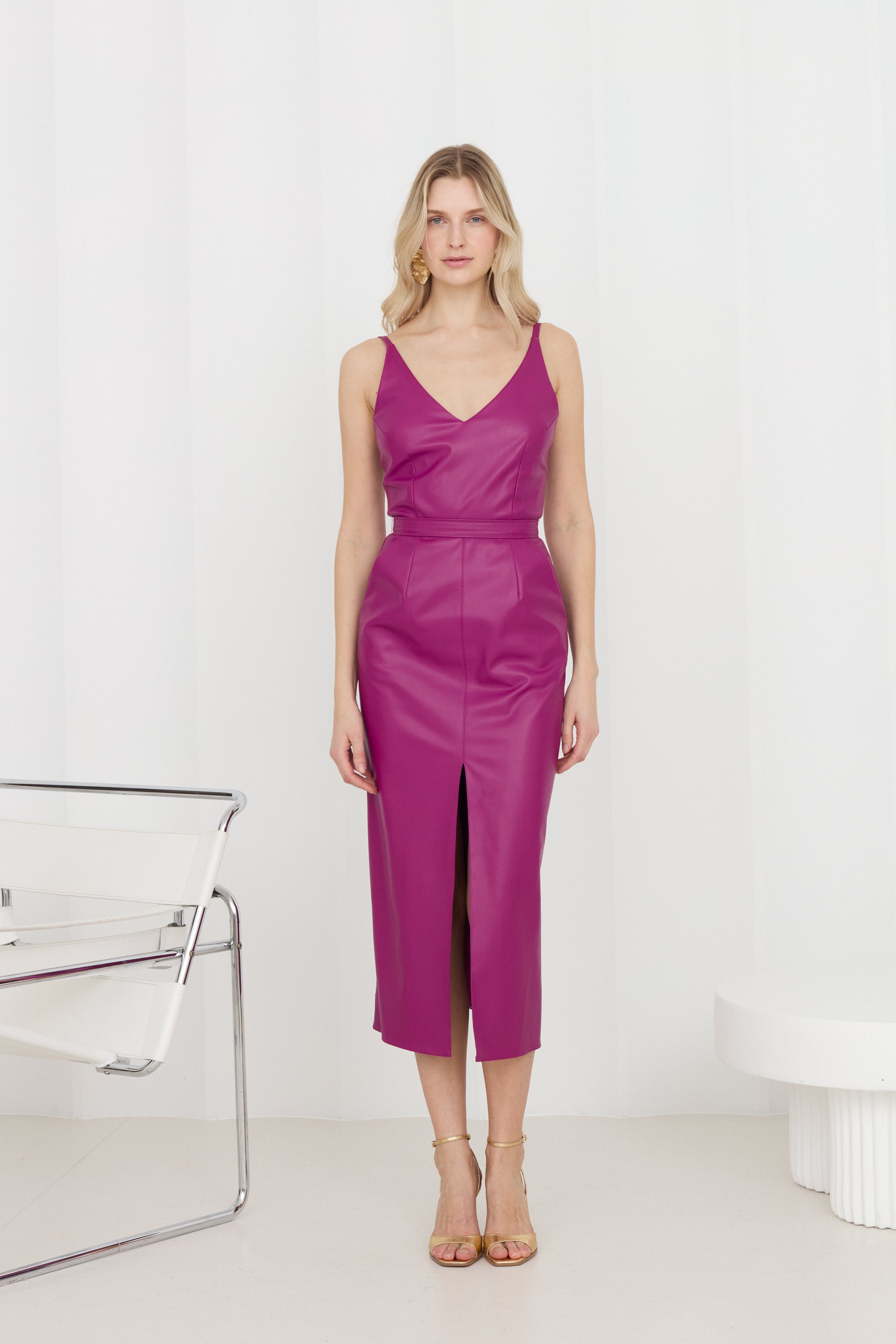 CALISTA Magenta Vegan Leather Midi Dress With Pencil Skirt