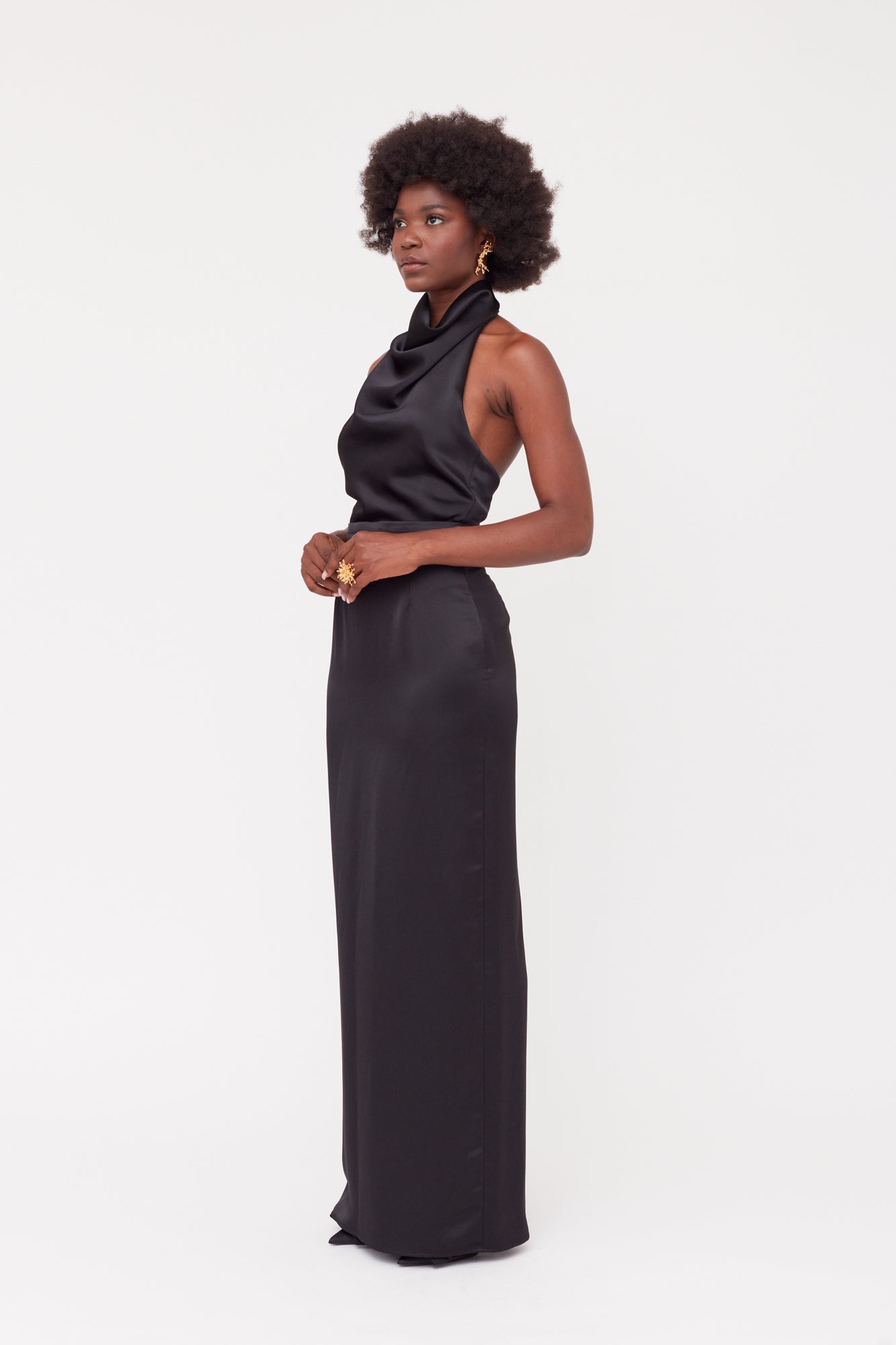 CASANDRA Black Cowl Neck Long Evening Dress