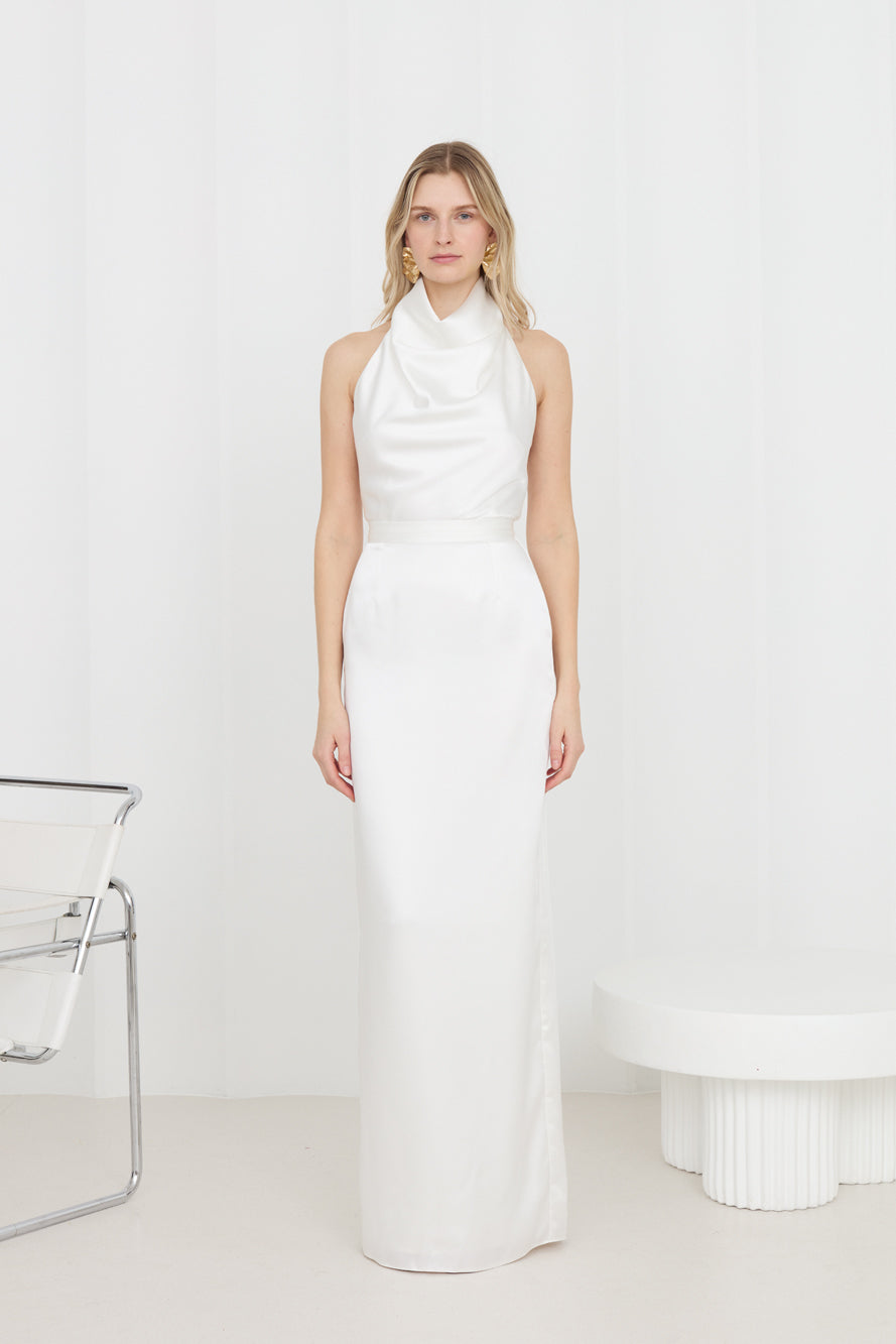 CASANDRA Soft Off-White Satin Long Wedding Dress With Cowl Neck