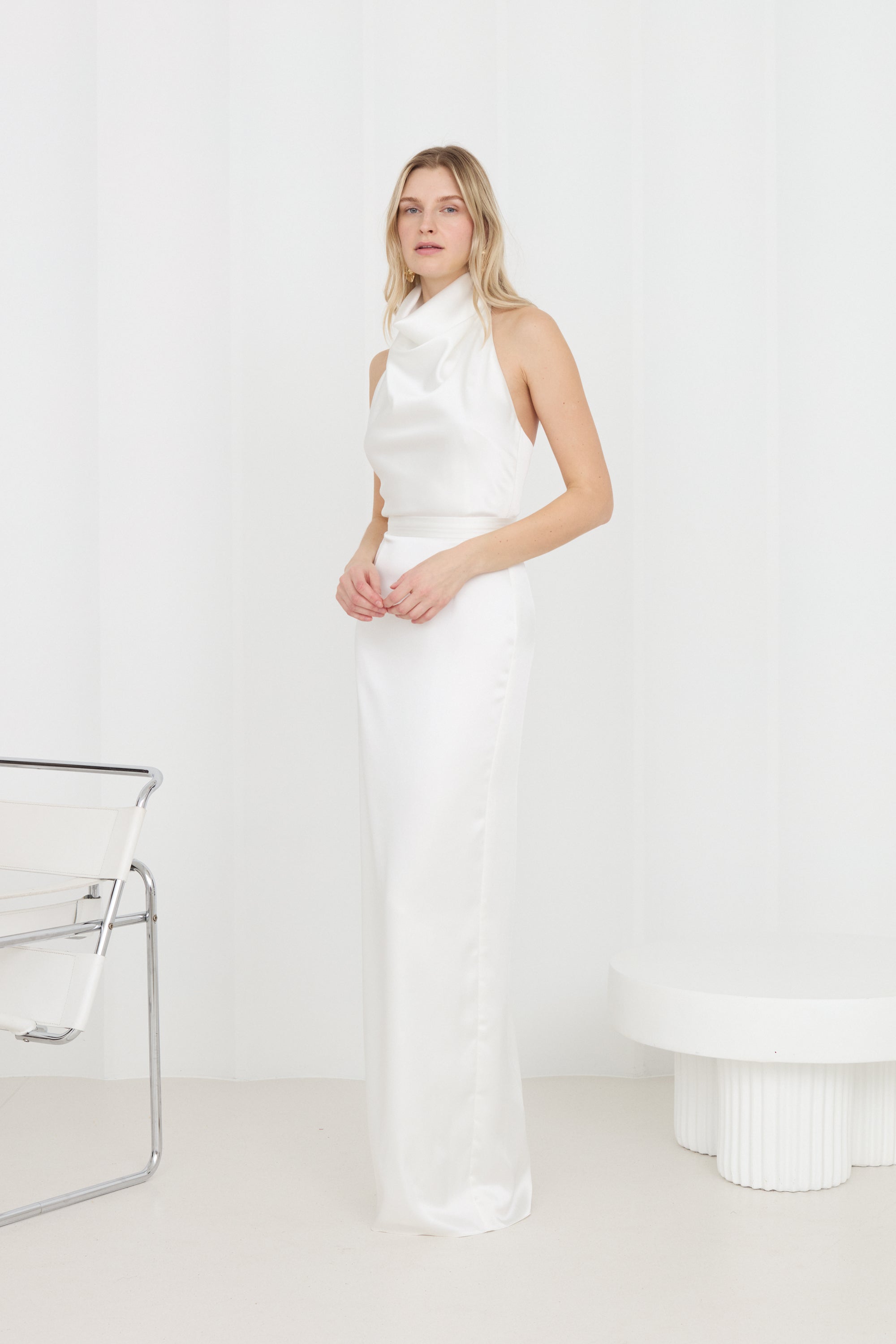 CASANDRA Soft Off-White Satin Long Wedding Dress With Cowl Neck