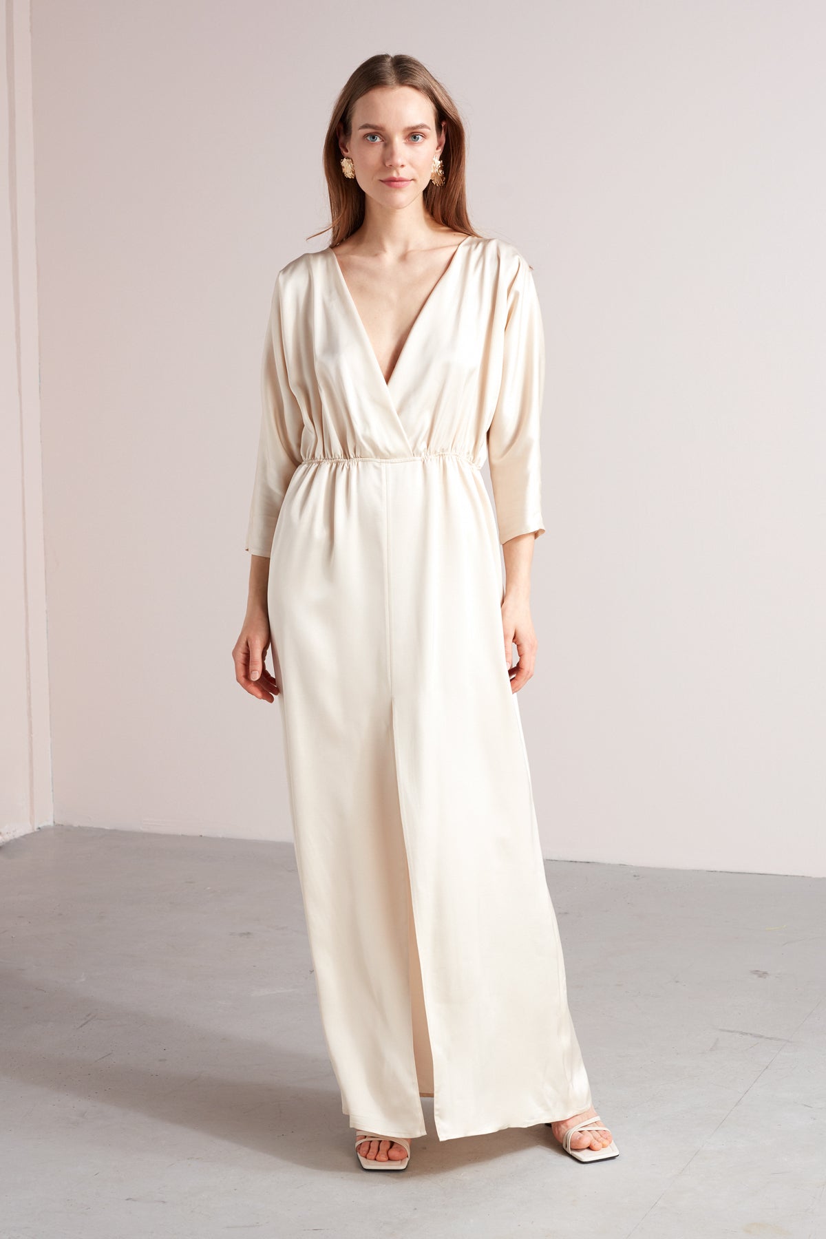 CECILIA oversized kimono sleeve maxi dress in light cream