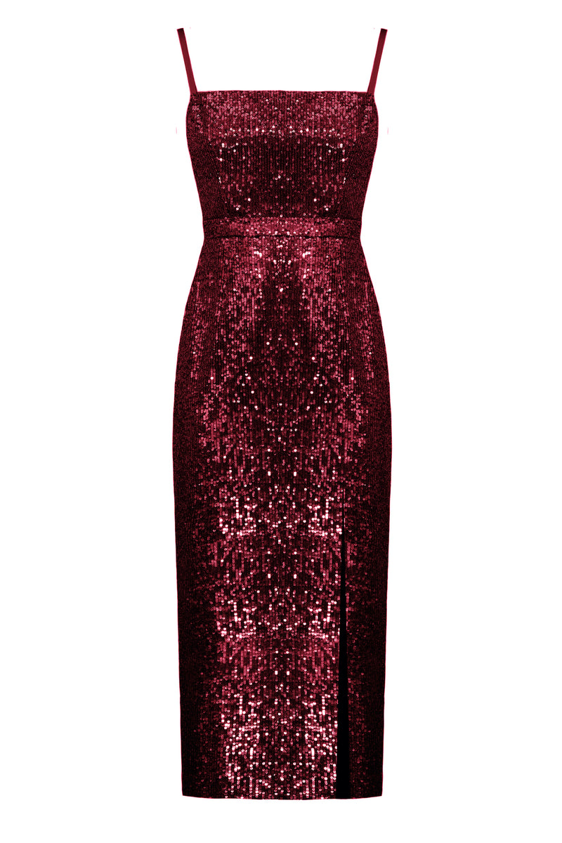 CHLOE deep red sequin open back cocktail dress