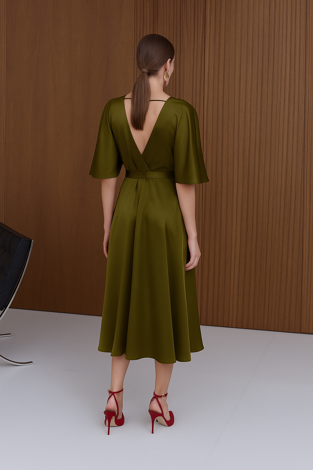 SONYA Olive Green Midi Cocktail Dress With Butterfly Sleeves
