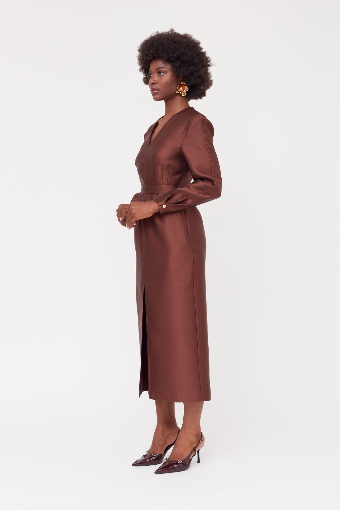 DEMA Brown Shoulder Pad Midi Smart Casual Dress