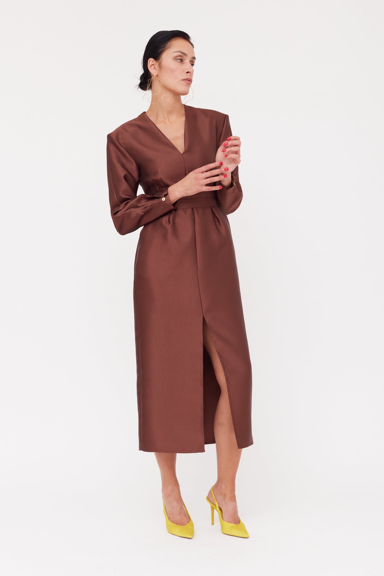 DEMA Brown Shoulder Pad Midi Smart Casual Dress