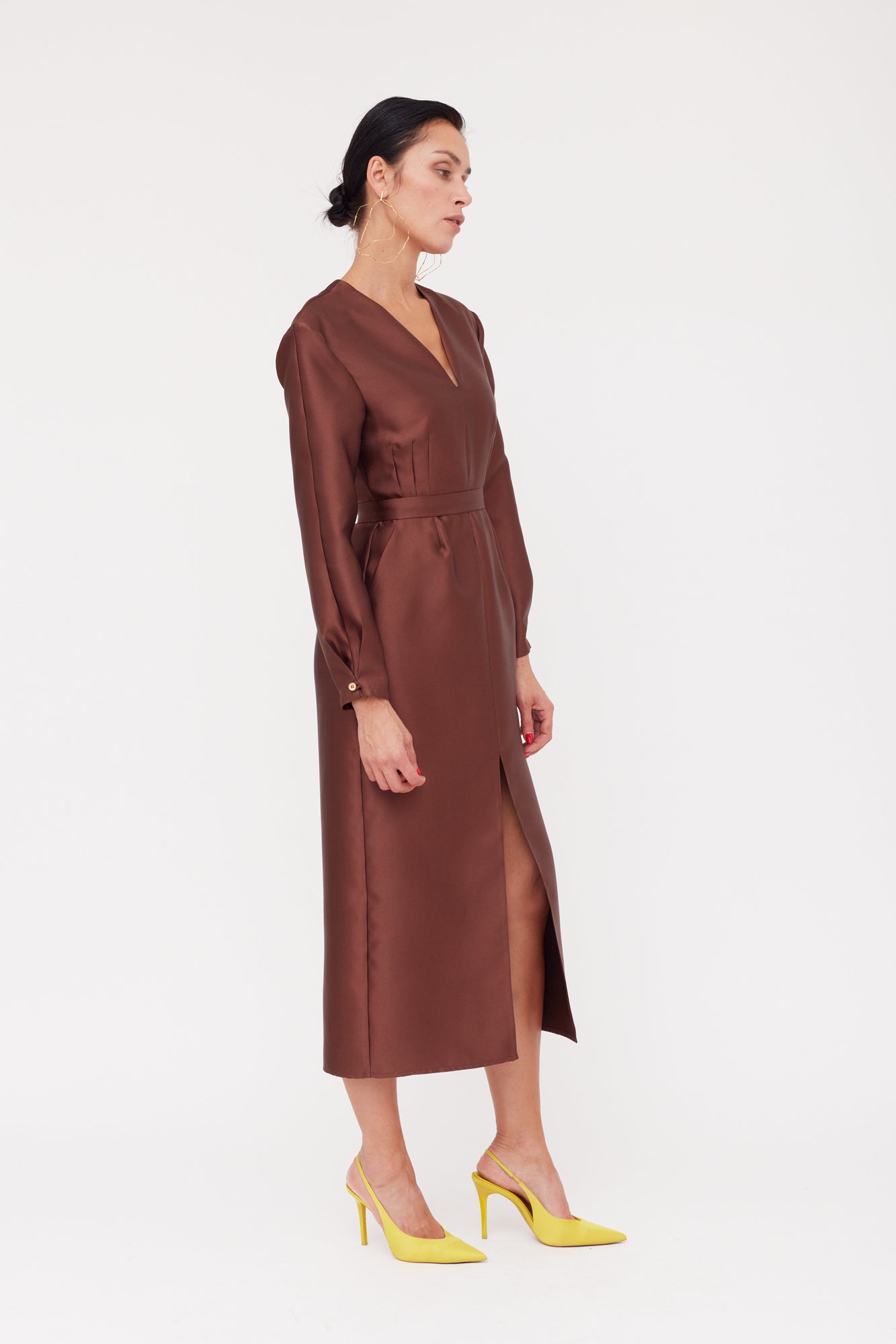 DEMA Brown Shoulder Pad Midi Smart Casual Dress