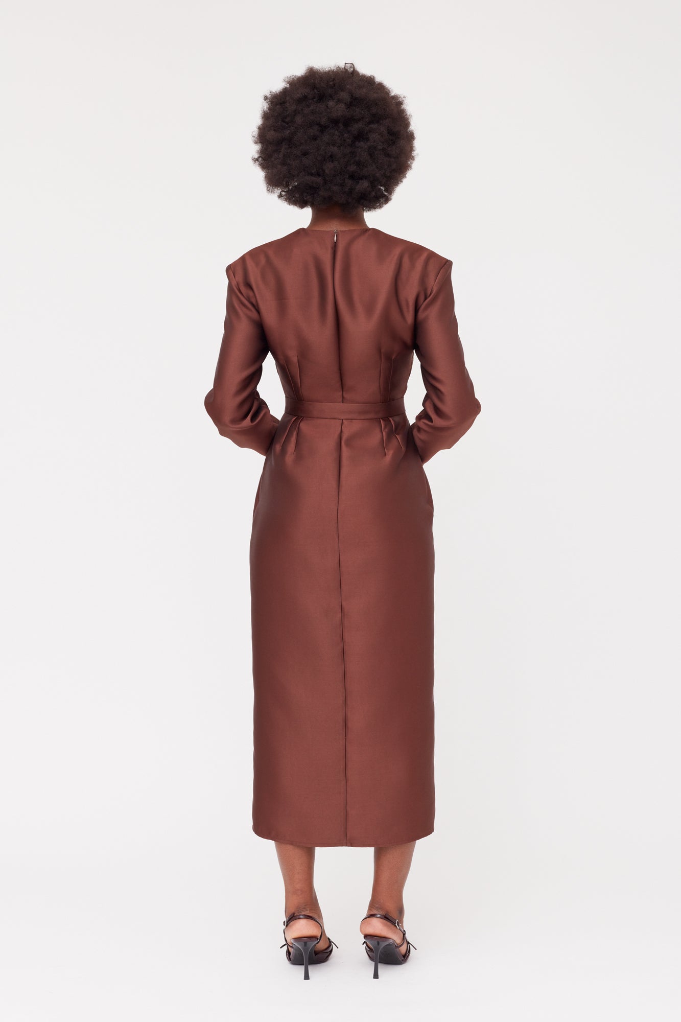 DEMA Brown Shoulder Pad Midi Smart Casual Dress