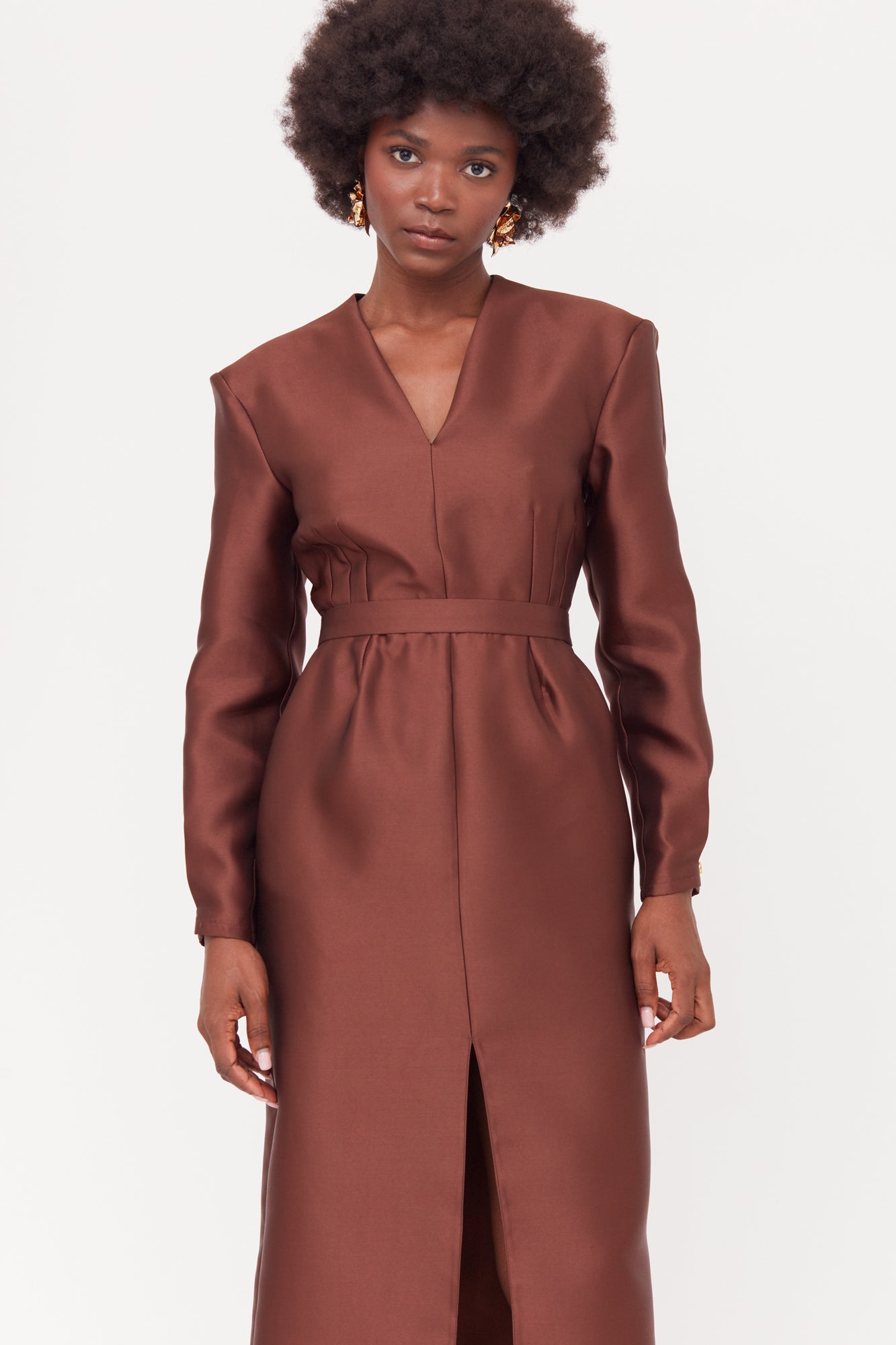 DEMA Brown Shoulder Pad Midi Smart Casual Dress