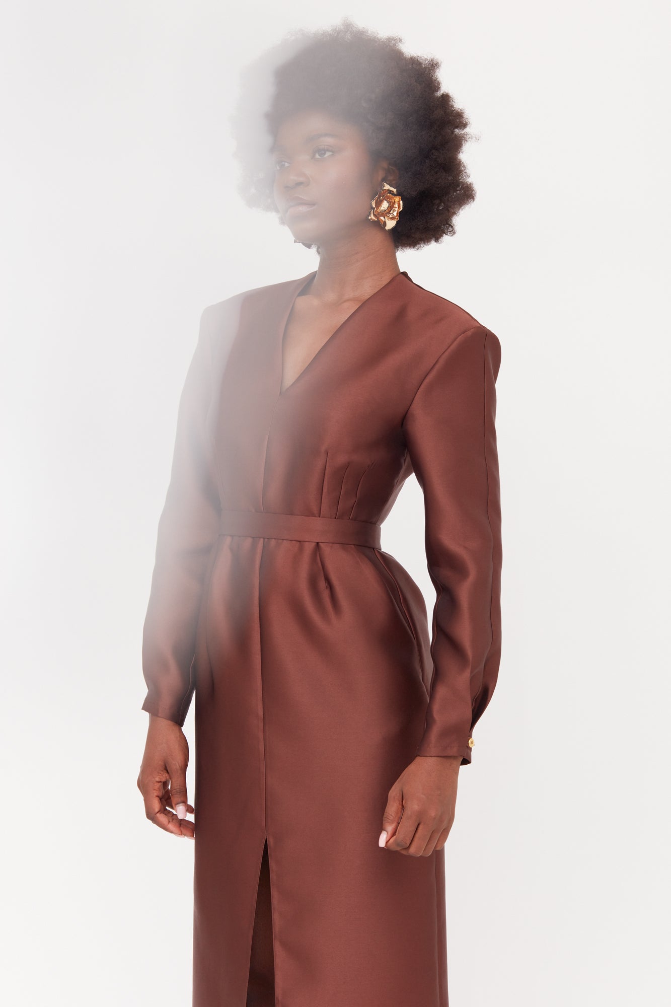 DEMA Brown Shoulder Pad Midi Smart Casual Dress